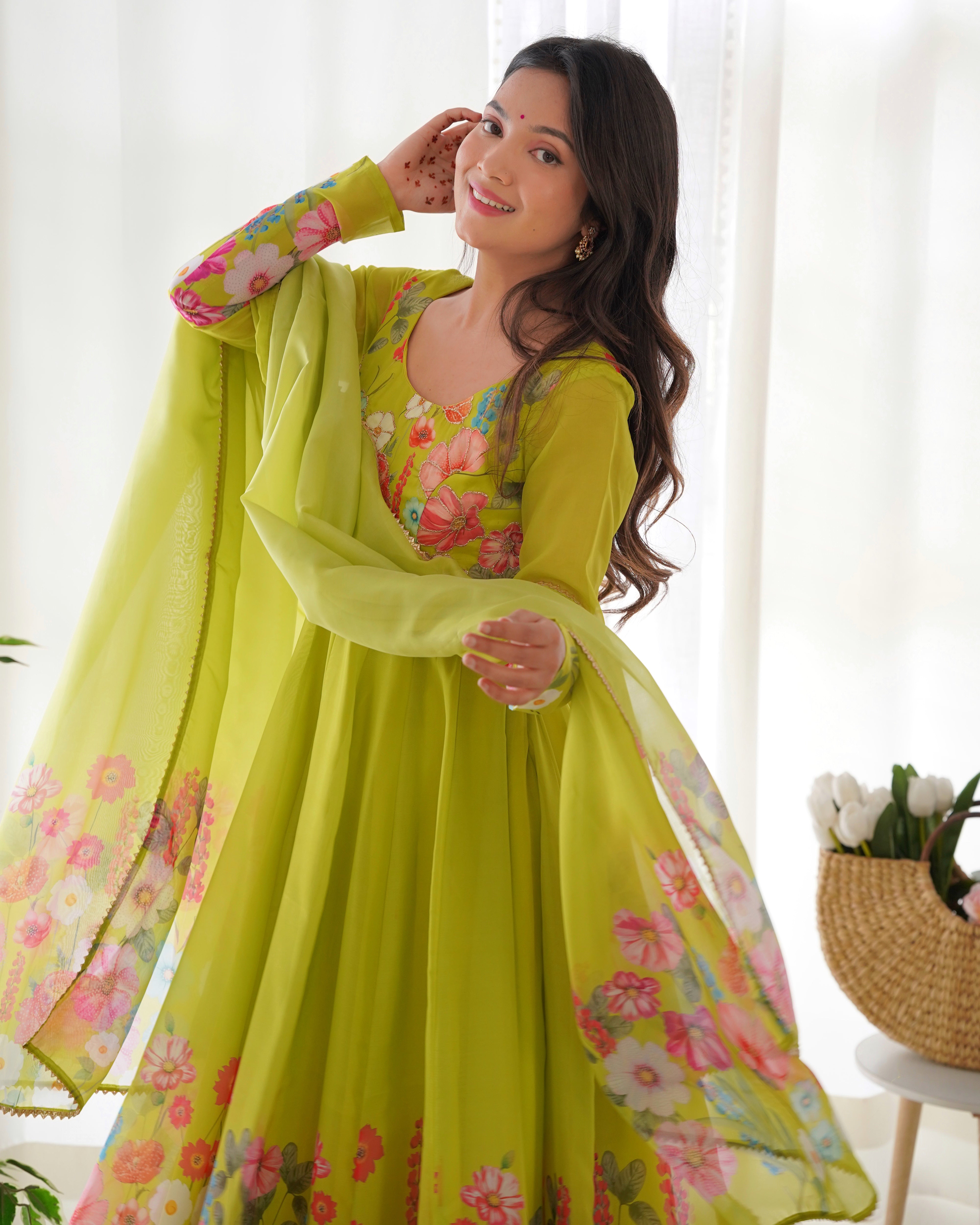 Neon Color Floral Print Organza Anarkali Suit – Three-Piece Festive Ensemble