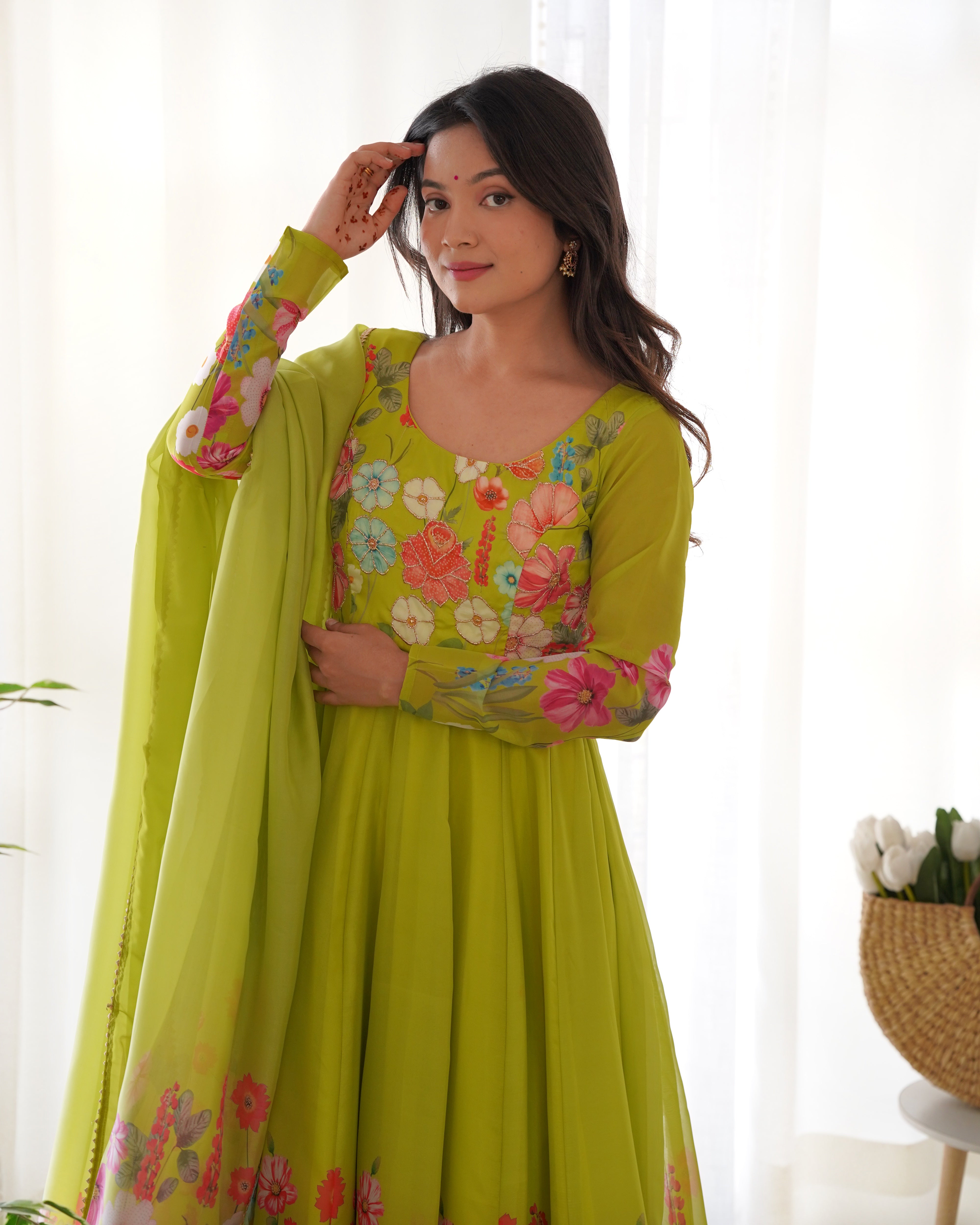 Neon Color Floral Print Organza Anarkali Suit – Three-Piece Festive Ensemble