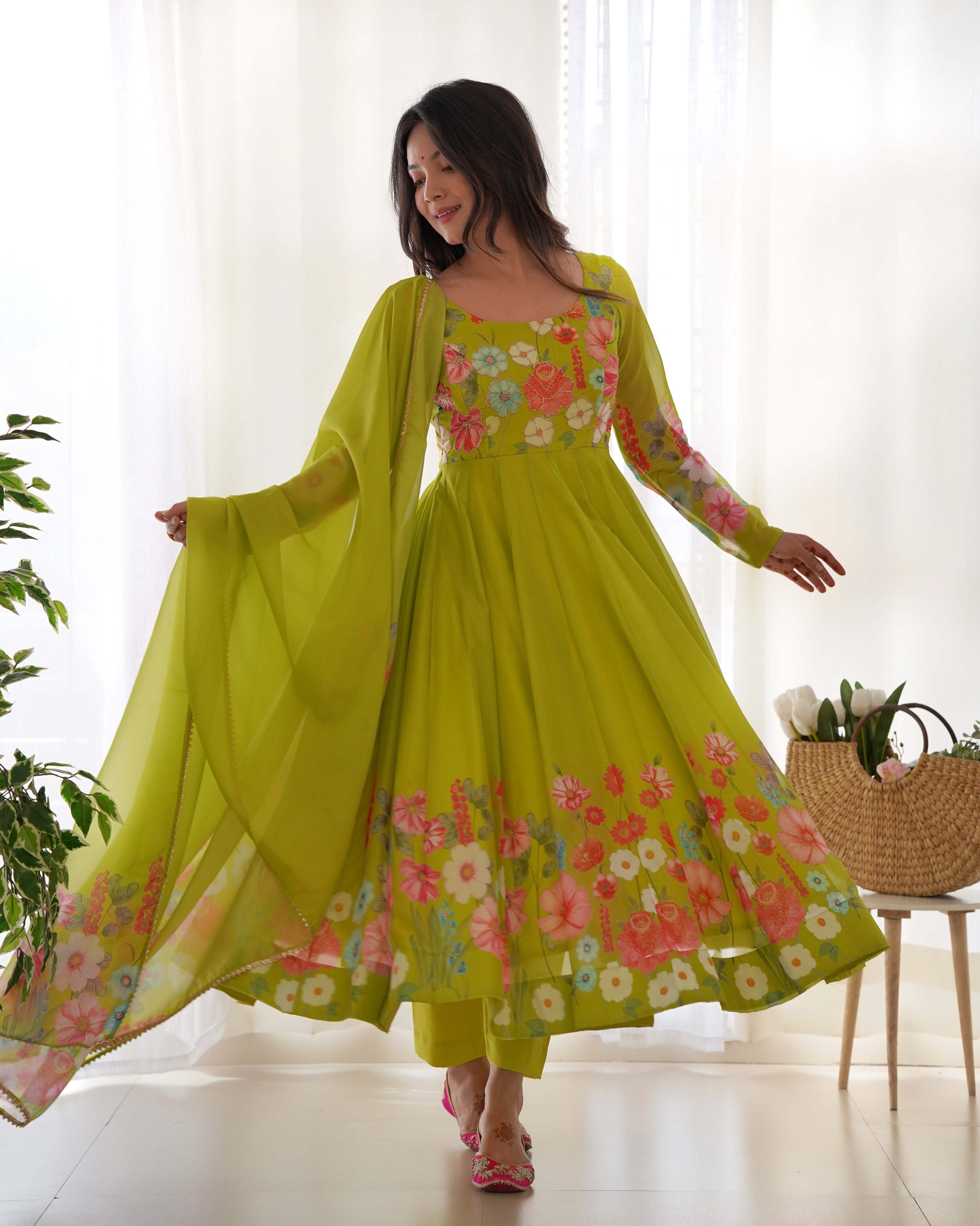 Neon Color Floral Print Organza Anarkali Suit – Three-Piece Festive Ensemble