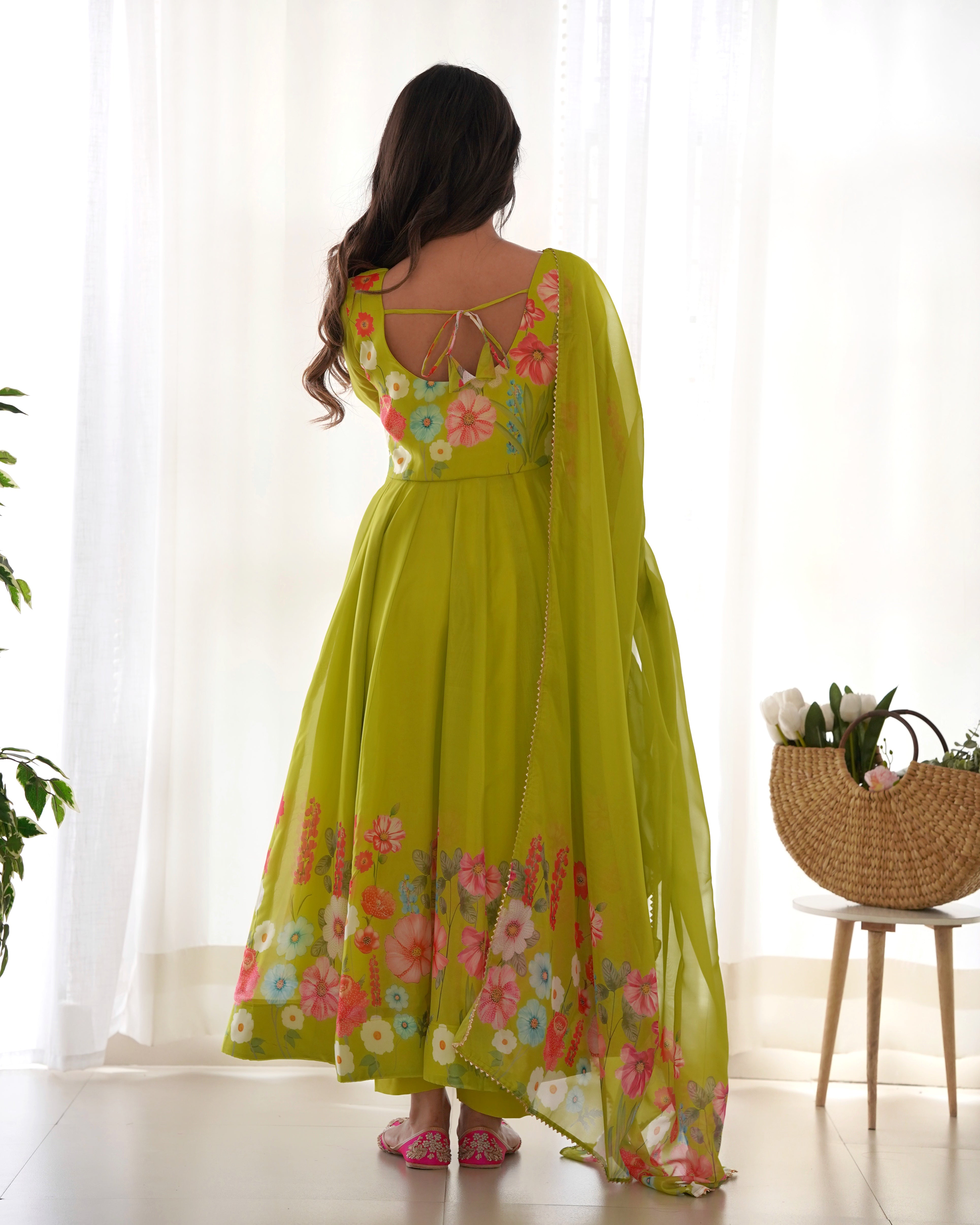 Neon Color Floral Print Organza Anarkali Suit – Three-Piece Festive Ensemble