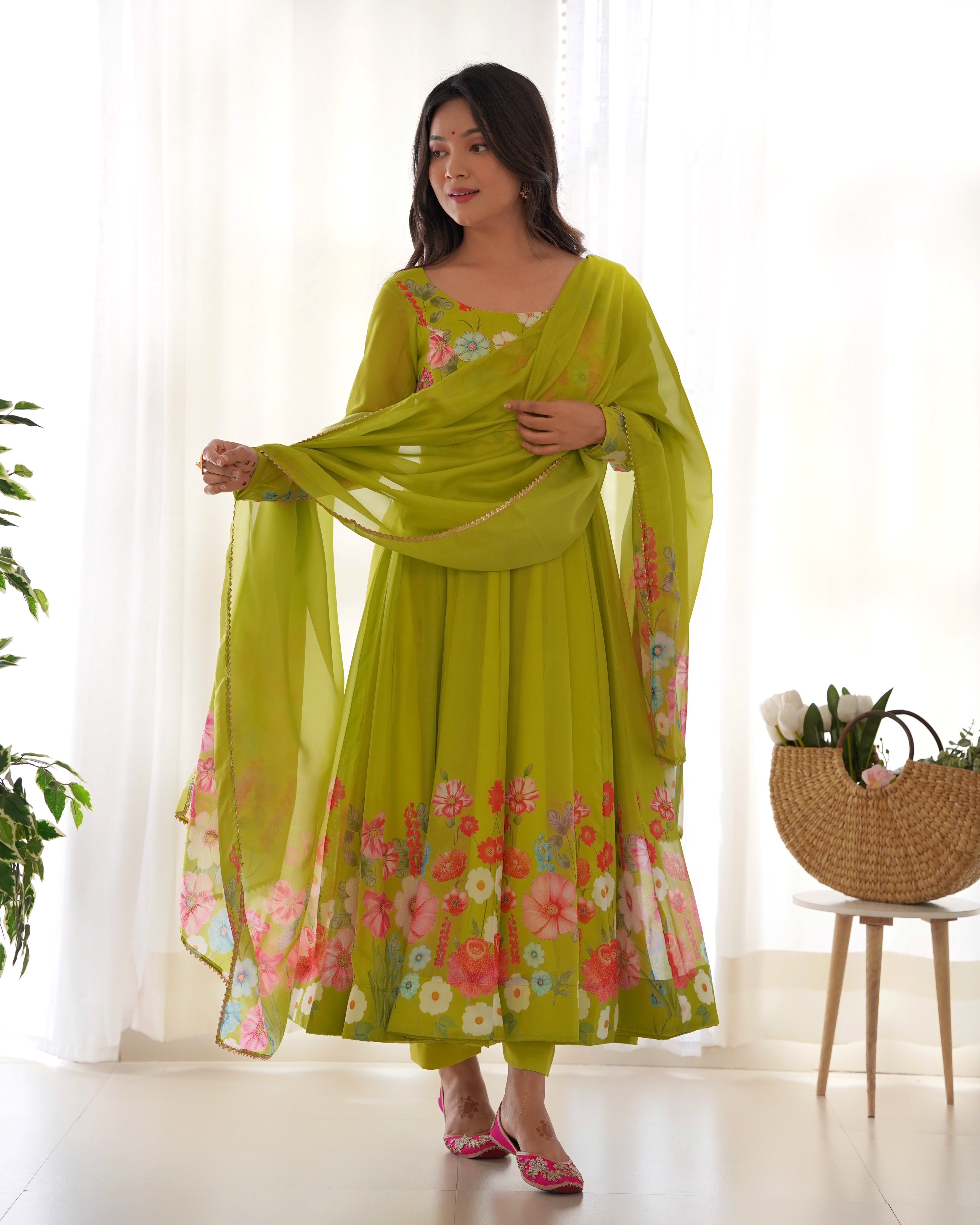 Neon Color Floral Print Organza Anarkali Suit – Three-Piece Festive Ensemble