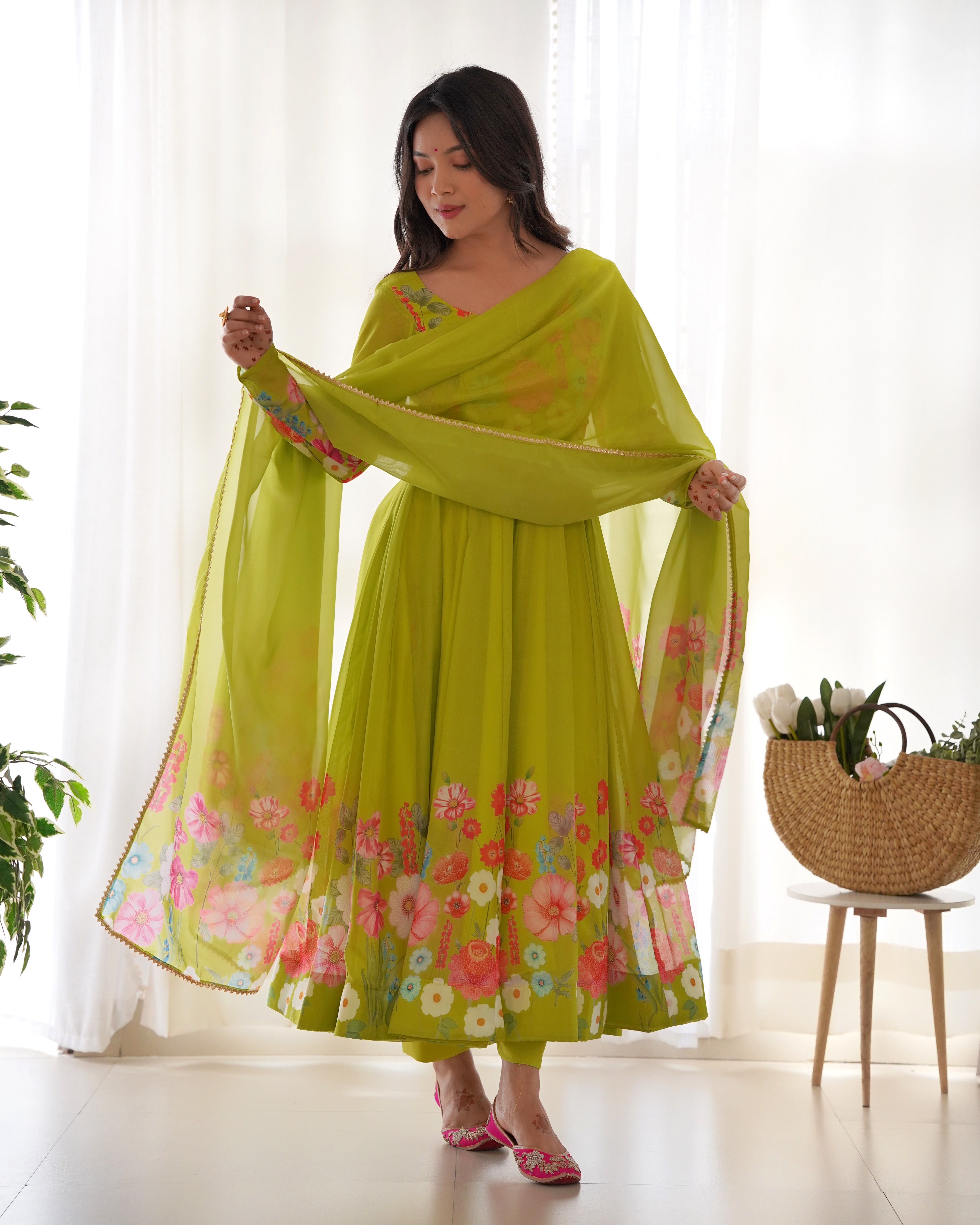 Neon Color Floral Print Organza Anarkali Suit – Three-Piece Festive Ensemble