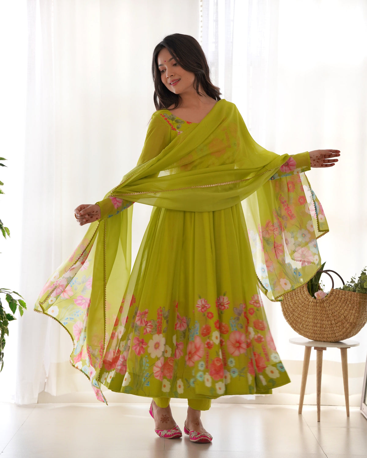 Neon Color Floral Print Organza Anarkali Suit – Three-Piece Festive Ensemble