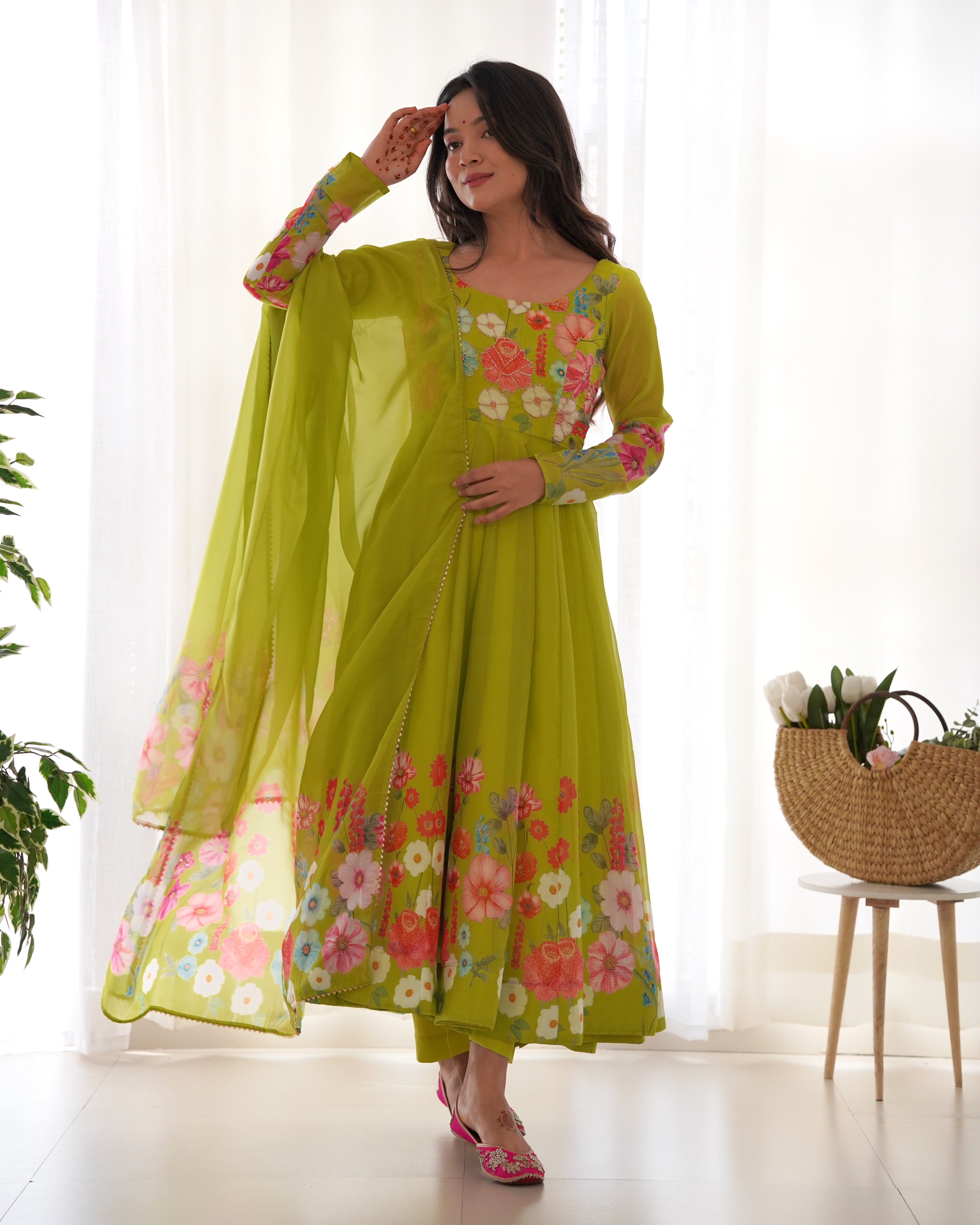 Neon Color Floral Print Organza Anarkali Suit – Three-Piece Festive Ensemble