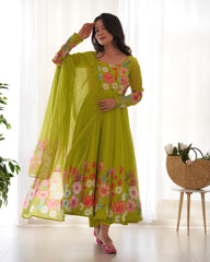 Neon Color Floral Print Organza Anarkali Suit – Three-Piece Festive Ensemble