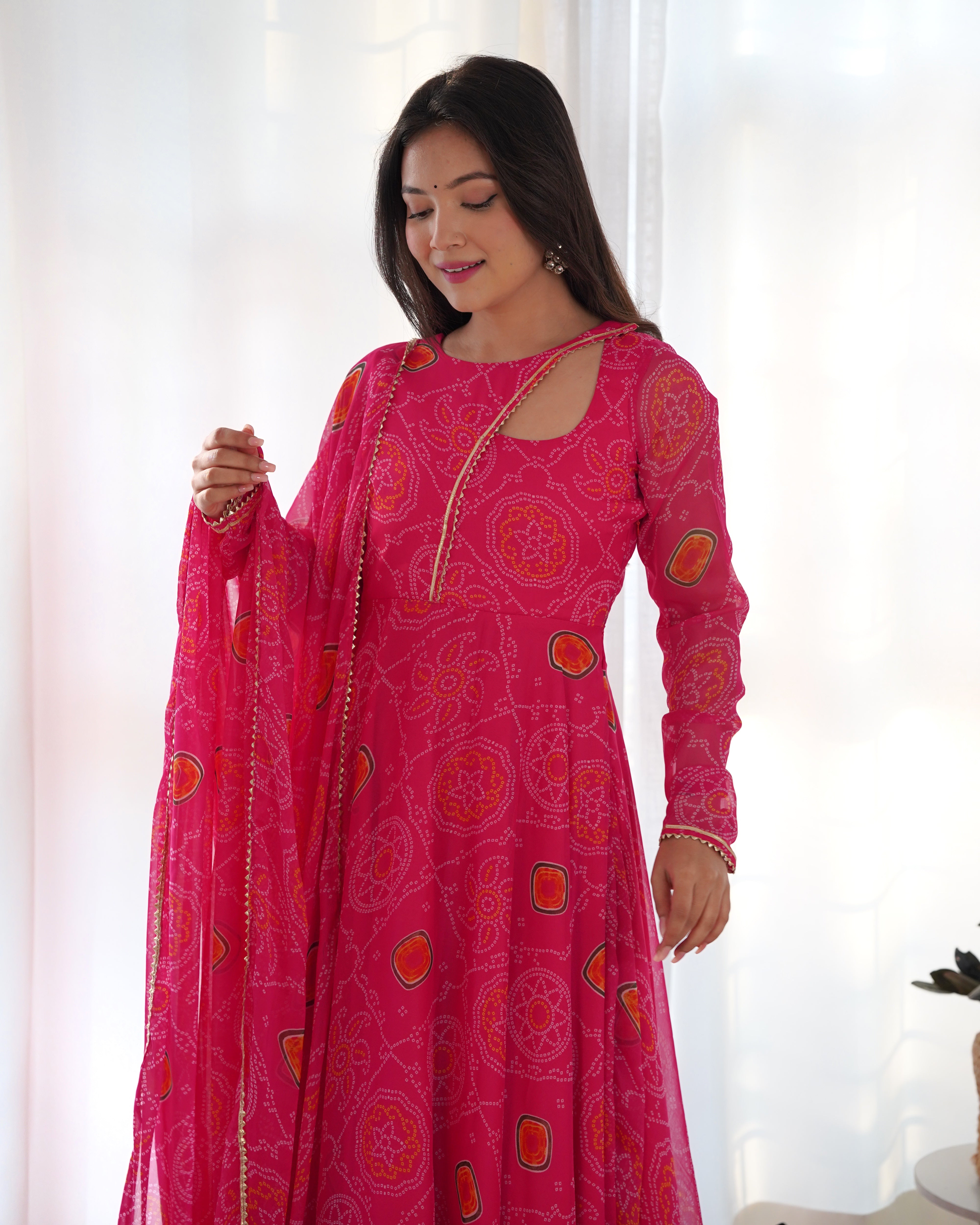 Pink Bandhej Print Soft Chiffon Stylish Neck Anarkali Gown – Three-Piece Festive Ensemble