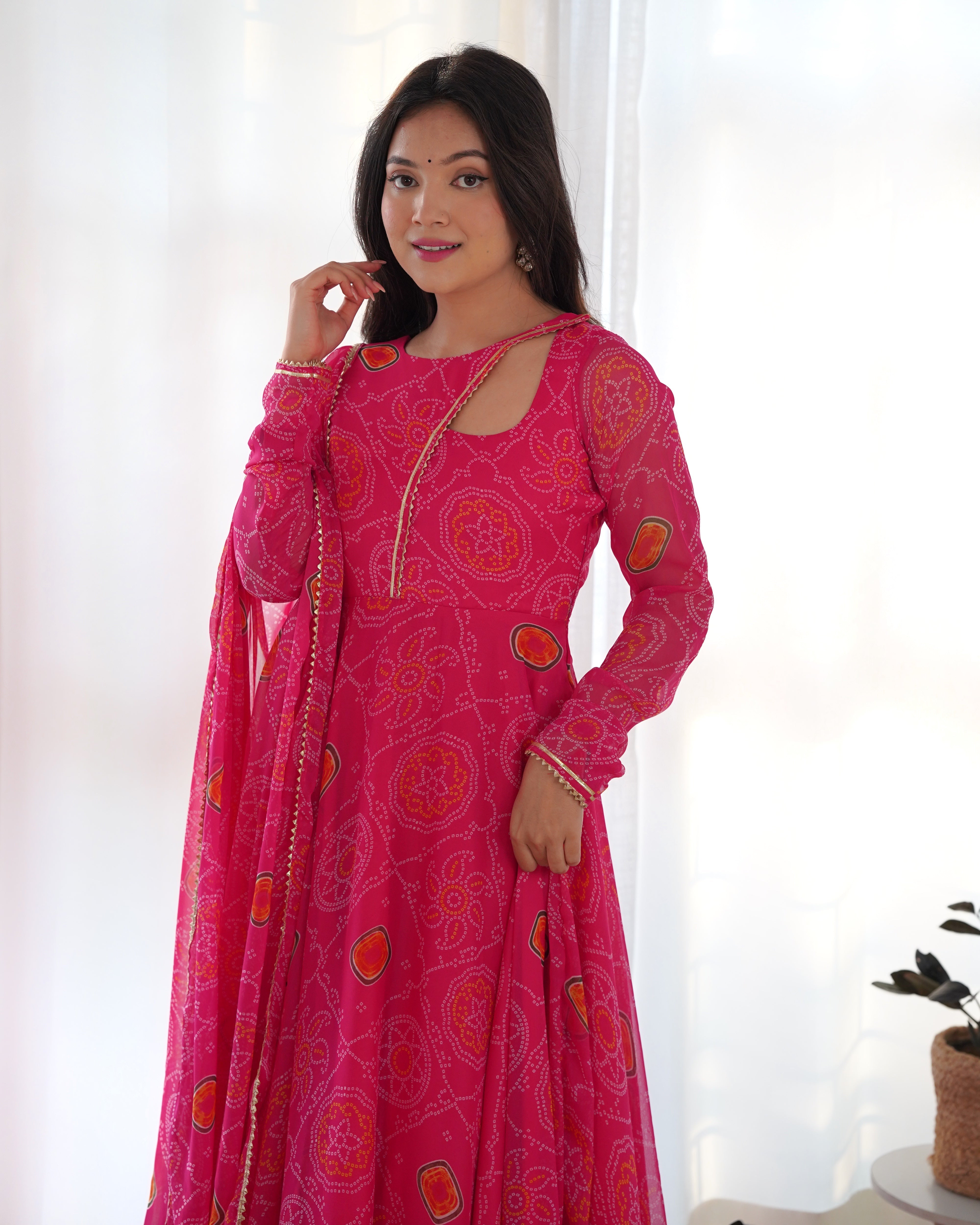 Pink Bandhej Print Soft Chiffon Stylish Neck Anarkali Gown – Three-Piece Festive Ensemble
