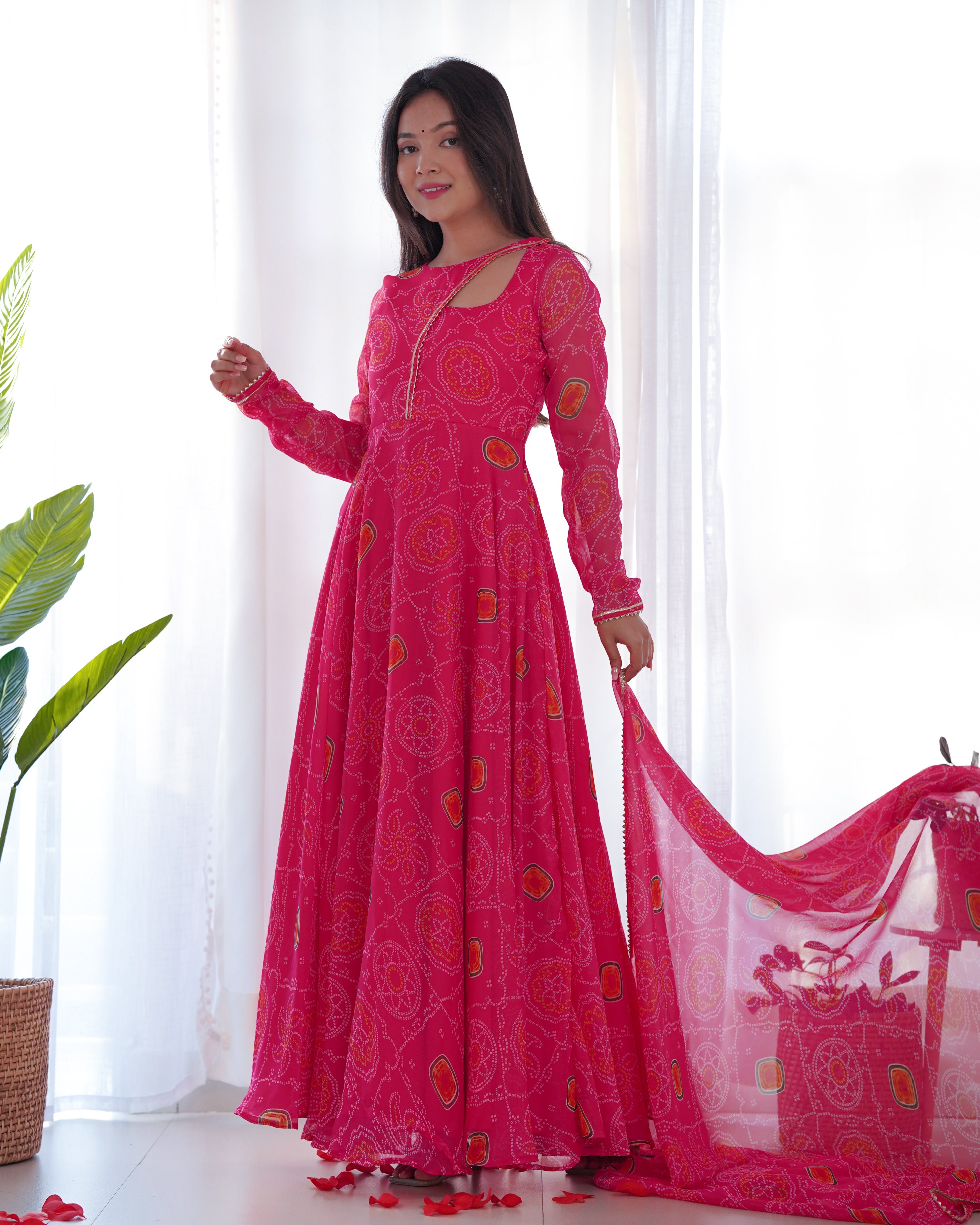 Pink Bandhej Print Soft Chiffon Stylish Neck Anarkali Gown – Three-Piece Festive Ensemble