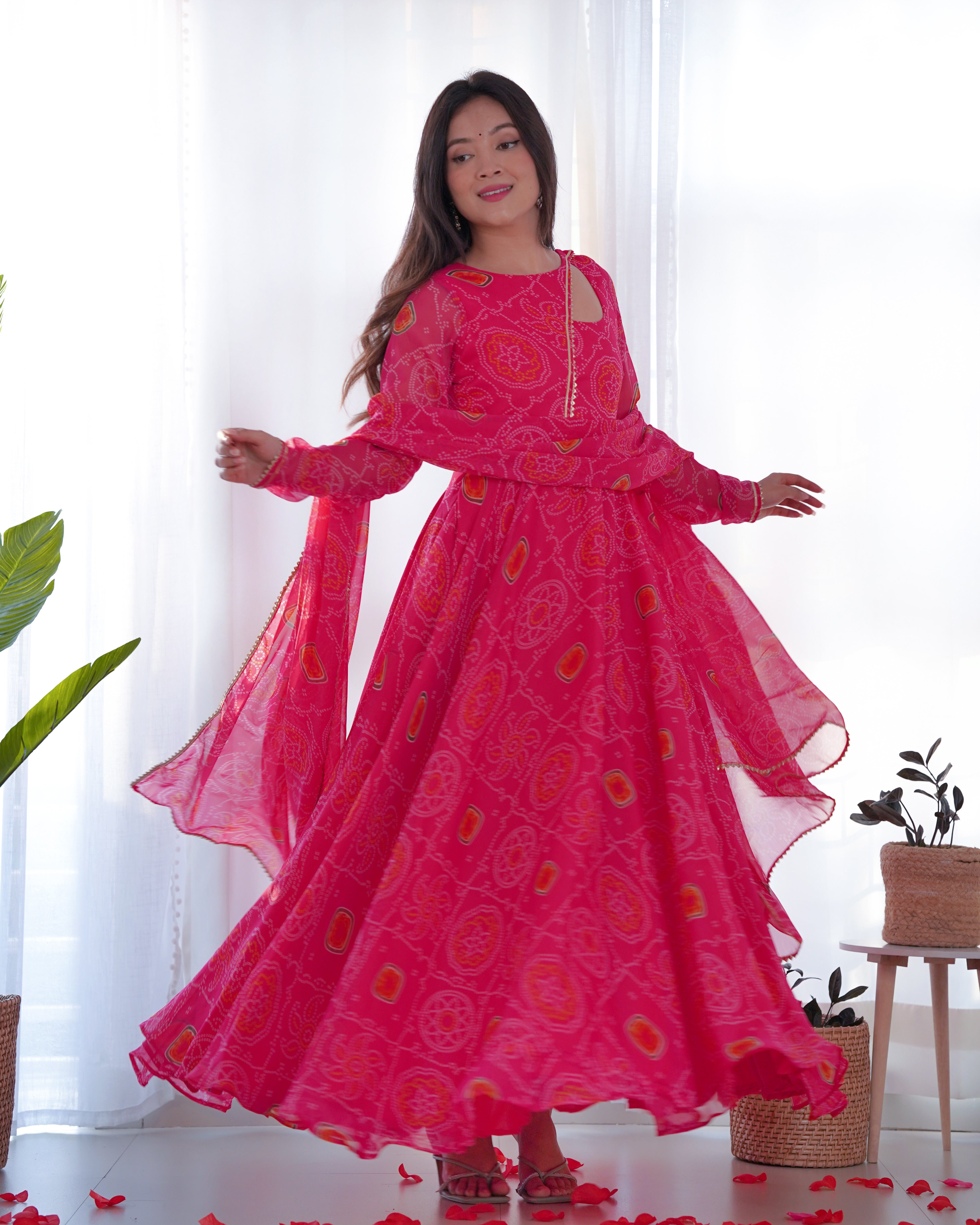 Pink Bandhej Print Soft Chiffon Stylish Neck Anarkali Gown – Three-Piece Festive Ensemble