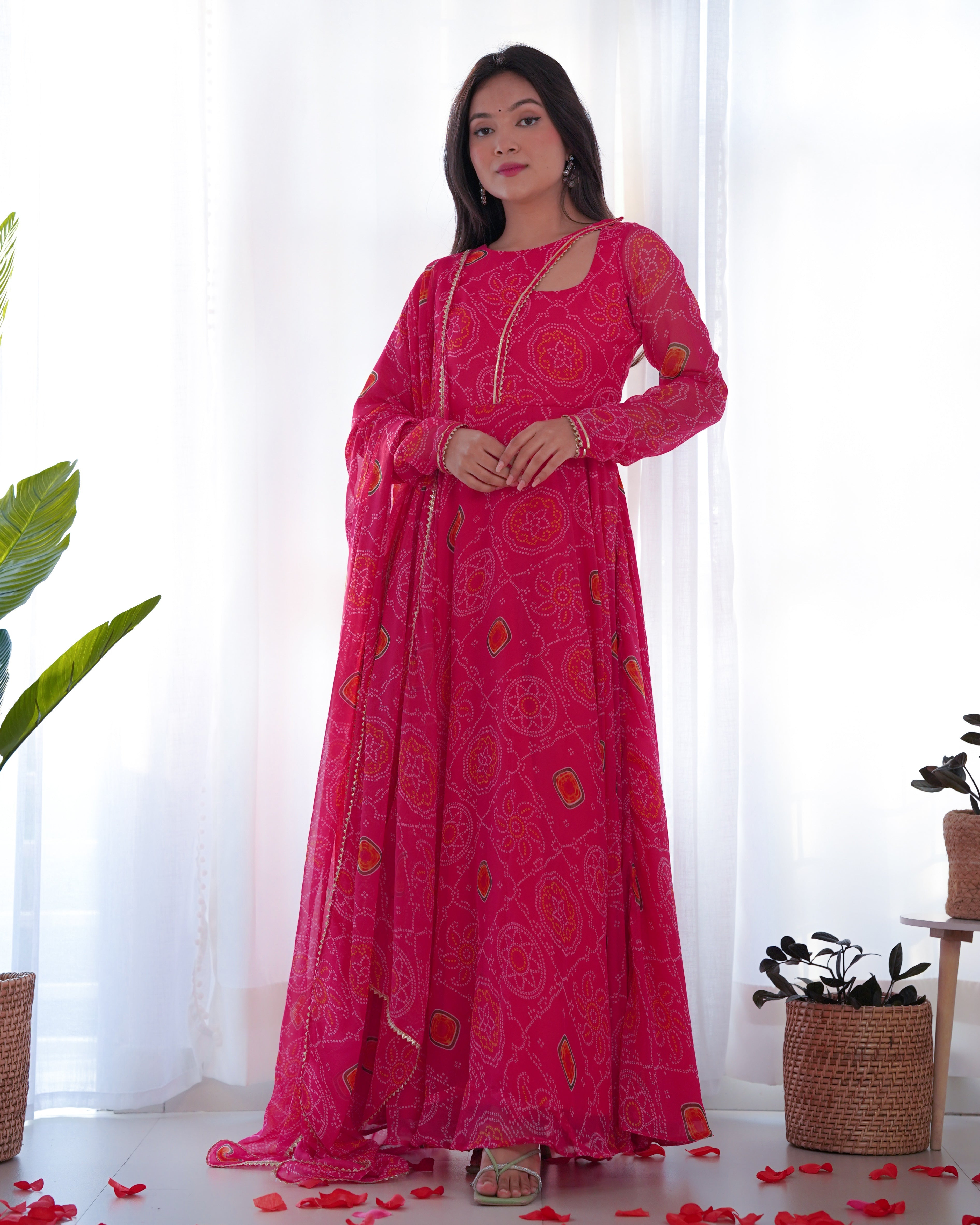 Pink Bandhej Print Soft Chiffon Stylish Neck Anarkali Gown – Three-Piece Festive Ensemble