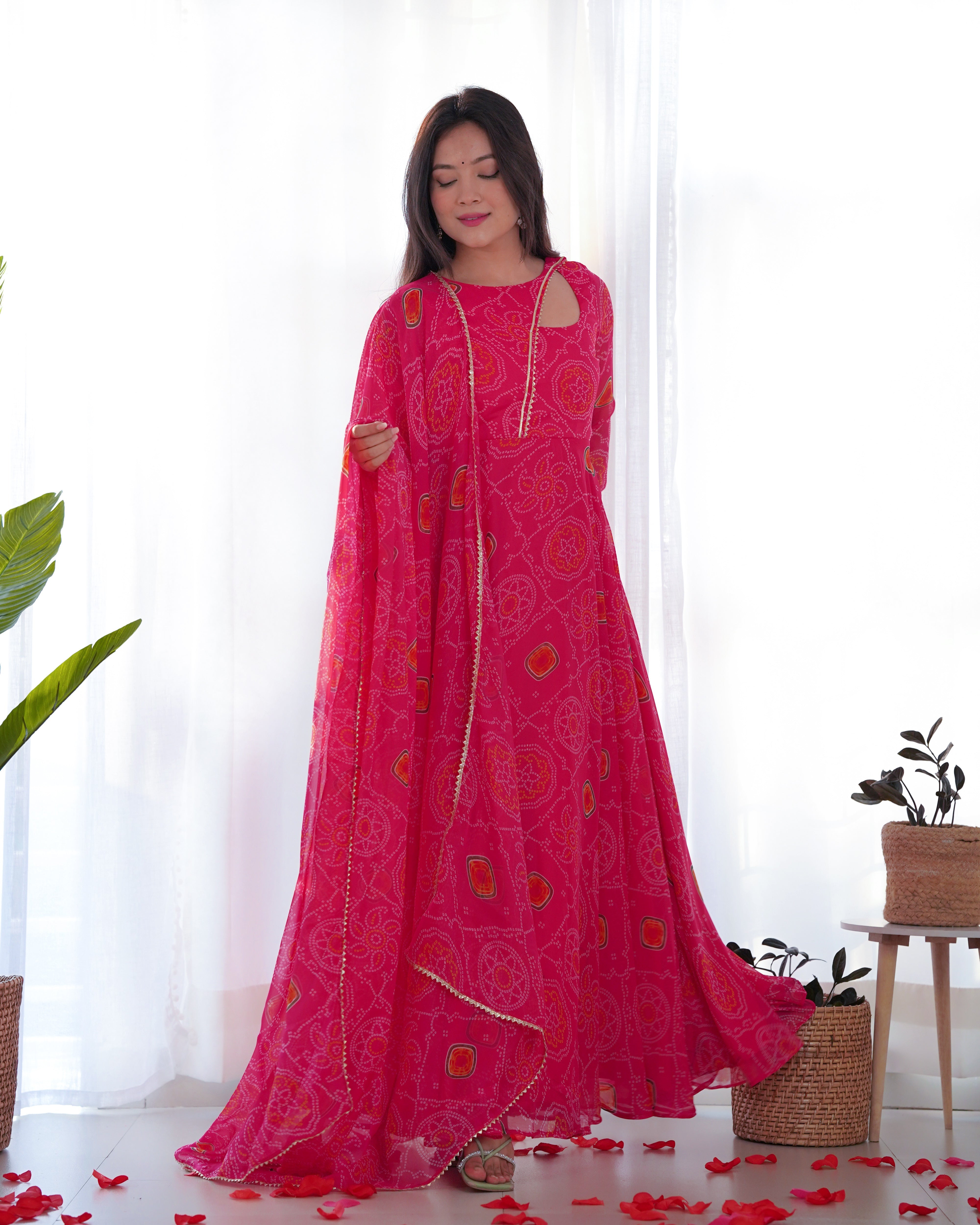 Pink Bandhej Print Soft Chiffon Stylish Neck Anarkali Gown – Three-Piece Festive Ensemble