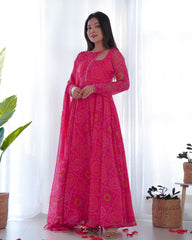 Pink Bandhej Print Soft Chiffon Stylish Neck Anarkali Gown – Three-Piece Festive Ensemble