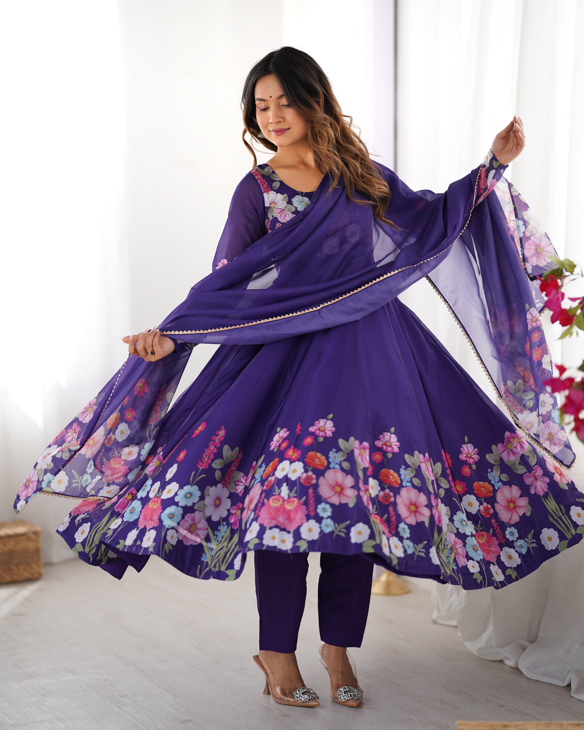 Purple Floral Print Organza Anarkali Suit with Gota Patti Border Dupatta – Festive Three-Piece Ensemble