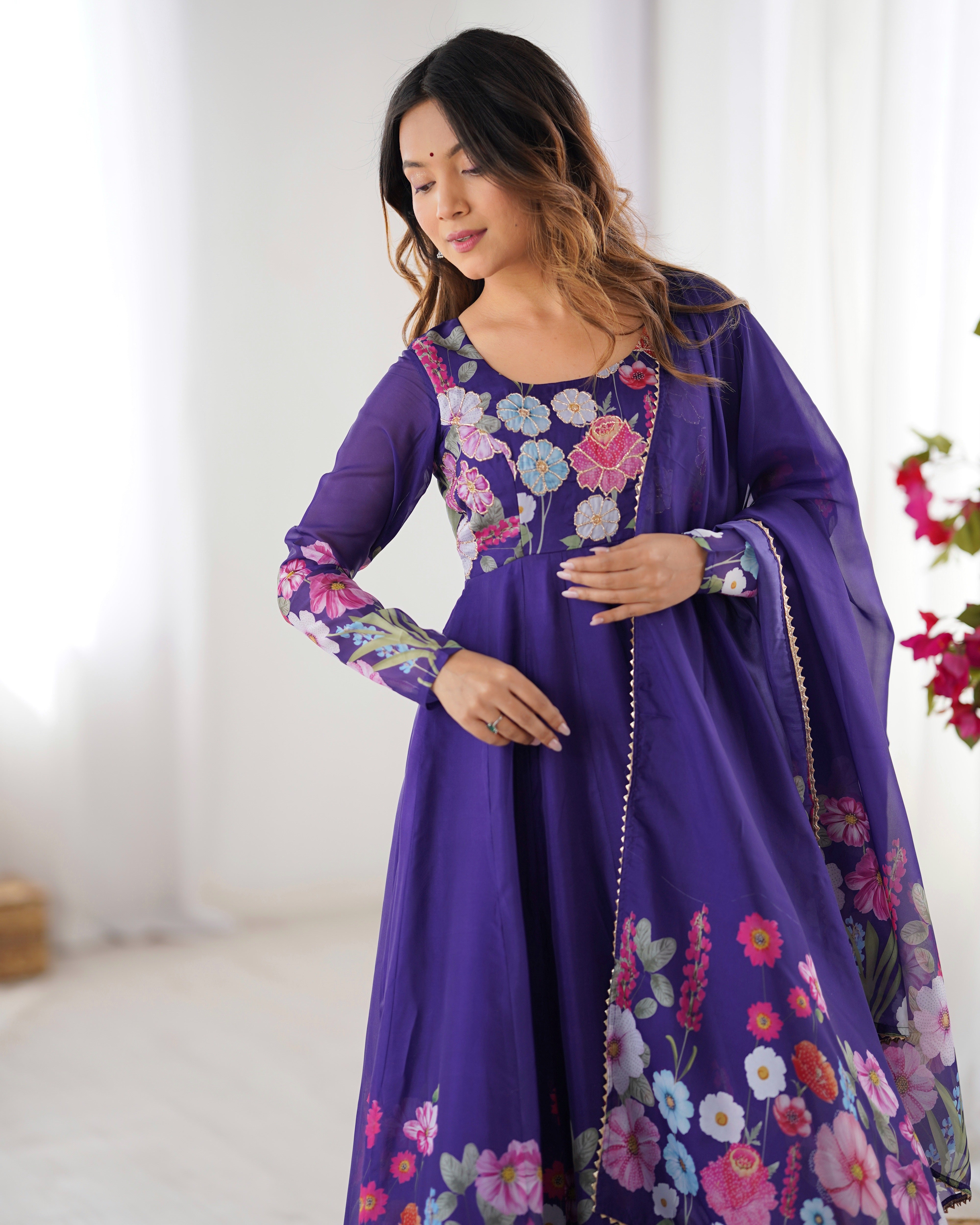 Purple Floral Print Organza Anarkali Suit with Gota Patti Border Dupatta – Festive Three-Piece Ensemble