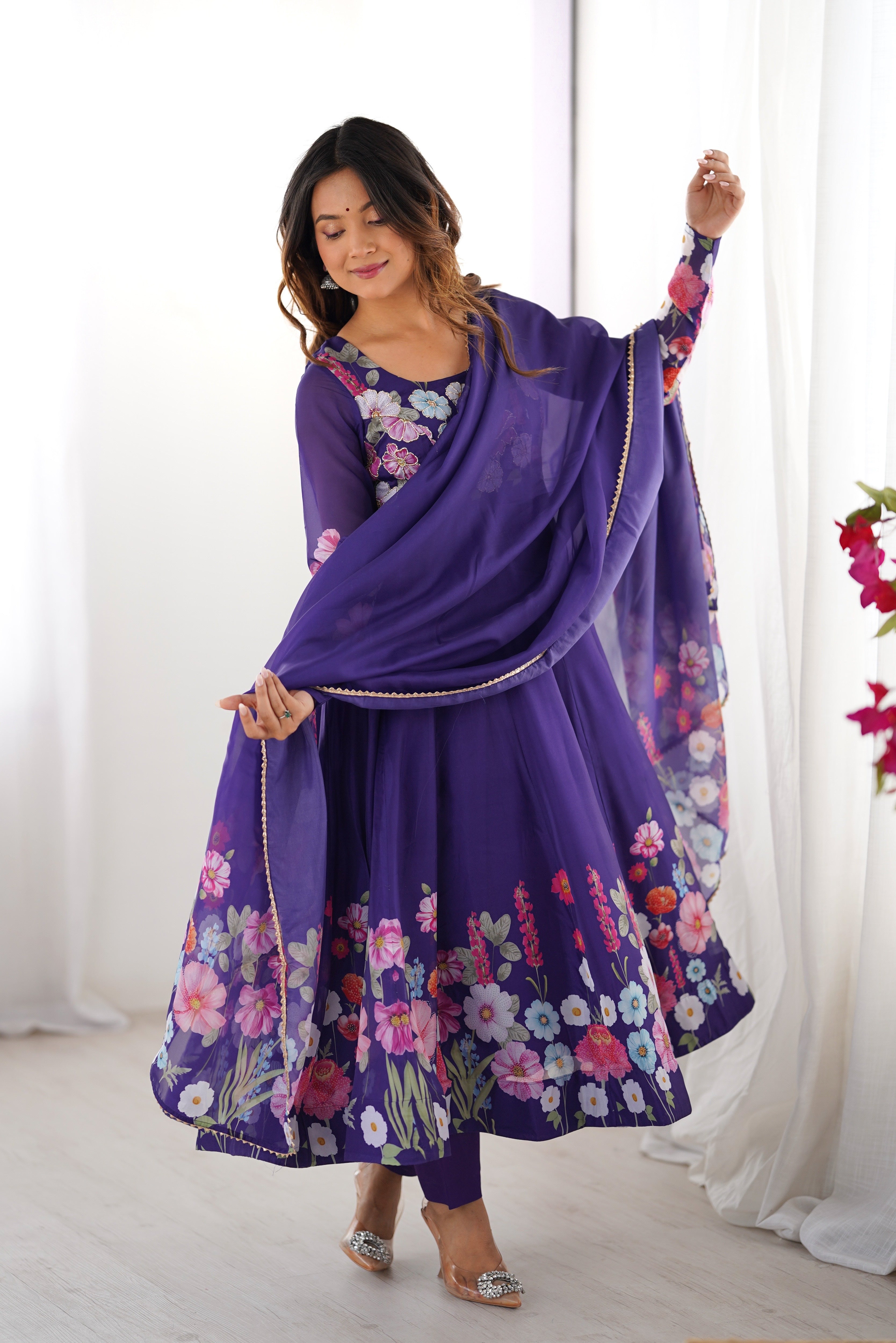Purple Floral Print Organza Anarkali Suit with Gota Patti Border Dupatta – Festive Three-Piece Ensemble