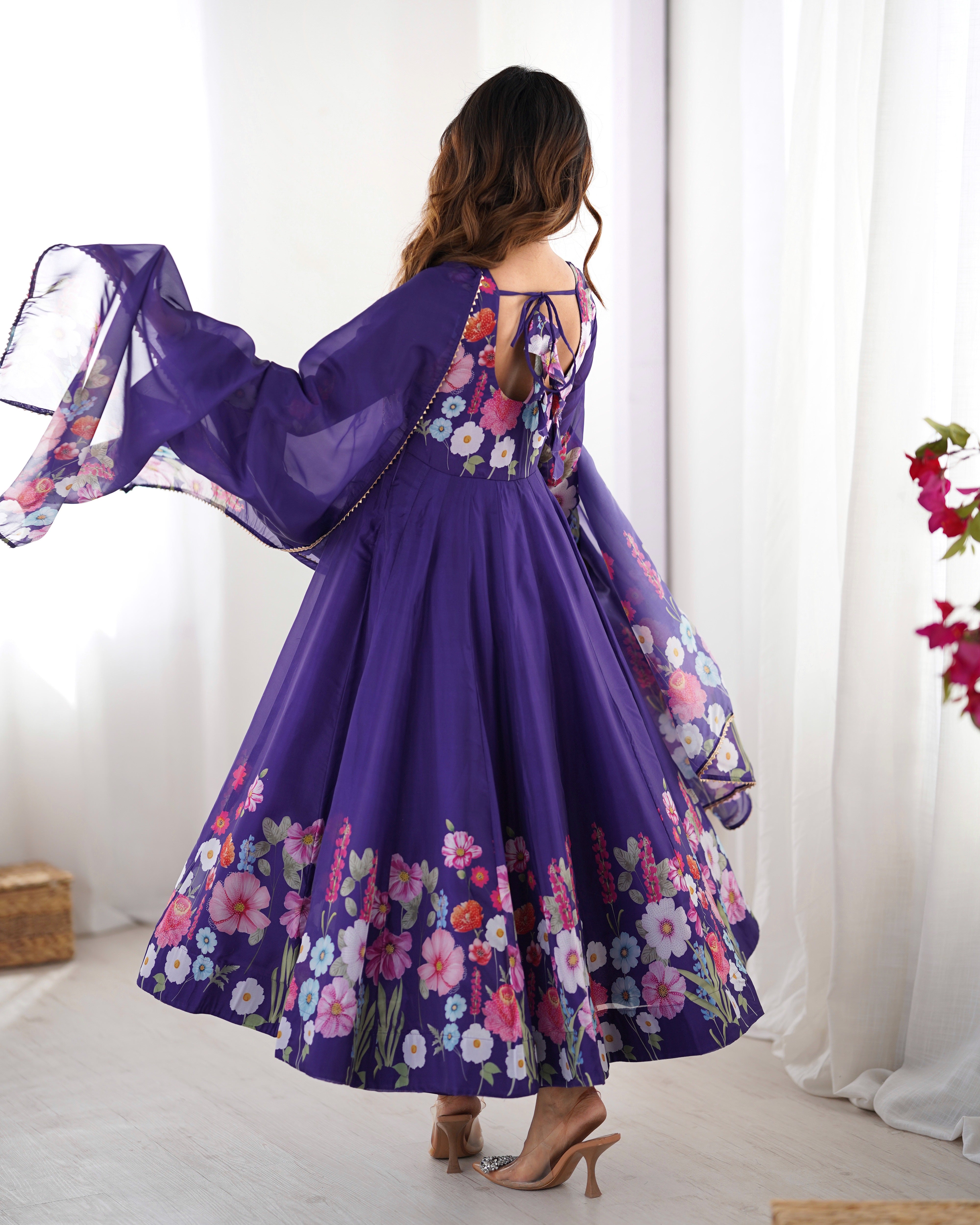 Purple Floral Print Organza Anarkali Suit with Gota Patti Border Dupatta – Festive Three-Piece Ensemble
