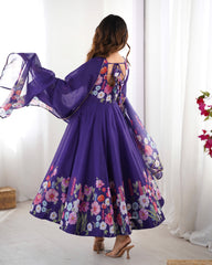 Purple Floral Print Organza Anarkali Suit with Gota Patti Border Dupatta – Festive Three-Piece Ensemble