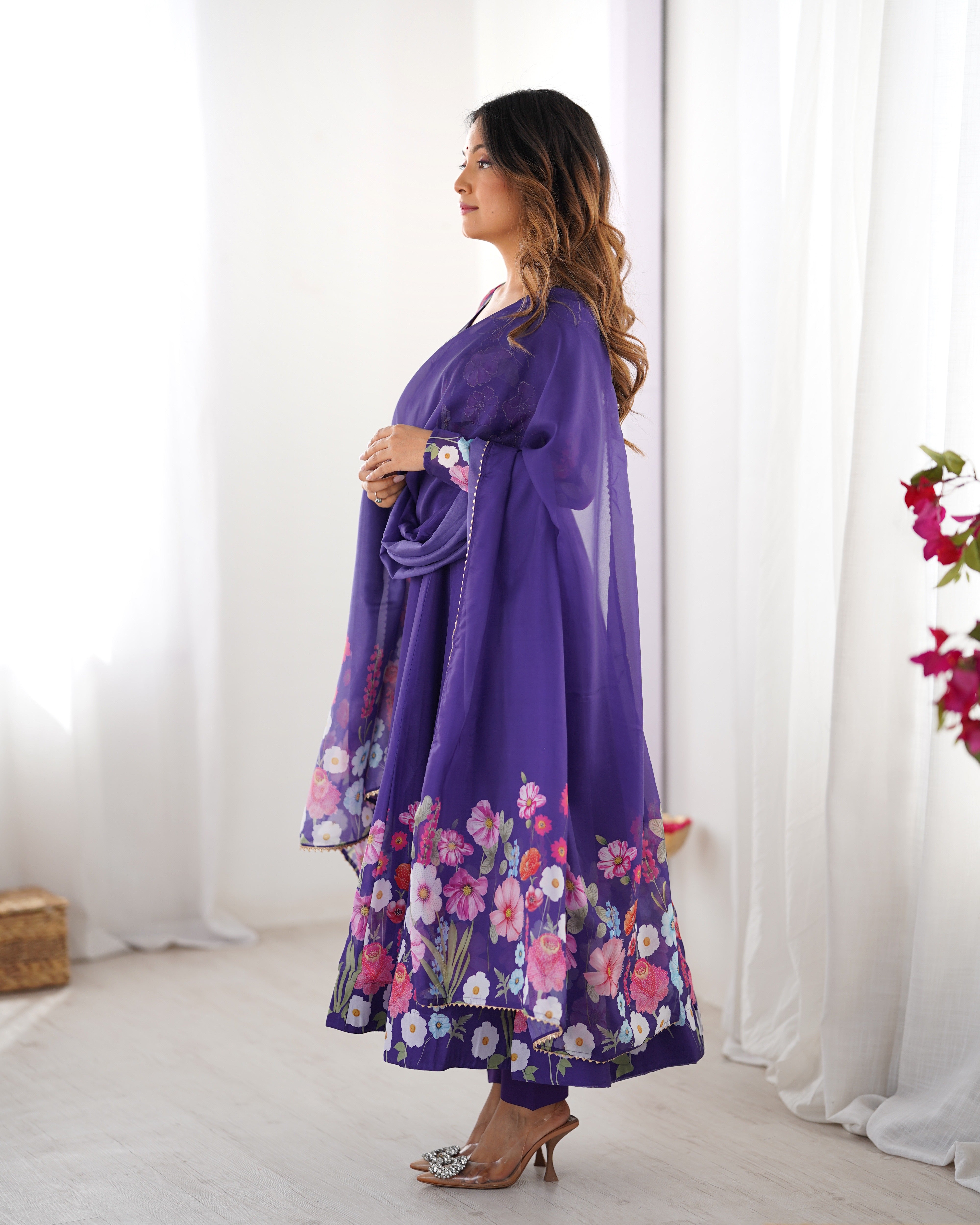 Purple Floral Print Organza Anarkali Suit with Gota Patti Border Dupatta – Festive Three-Piece Ensemble