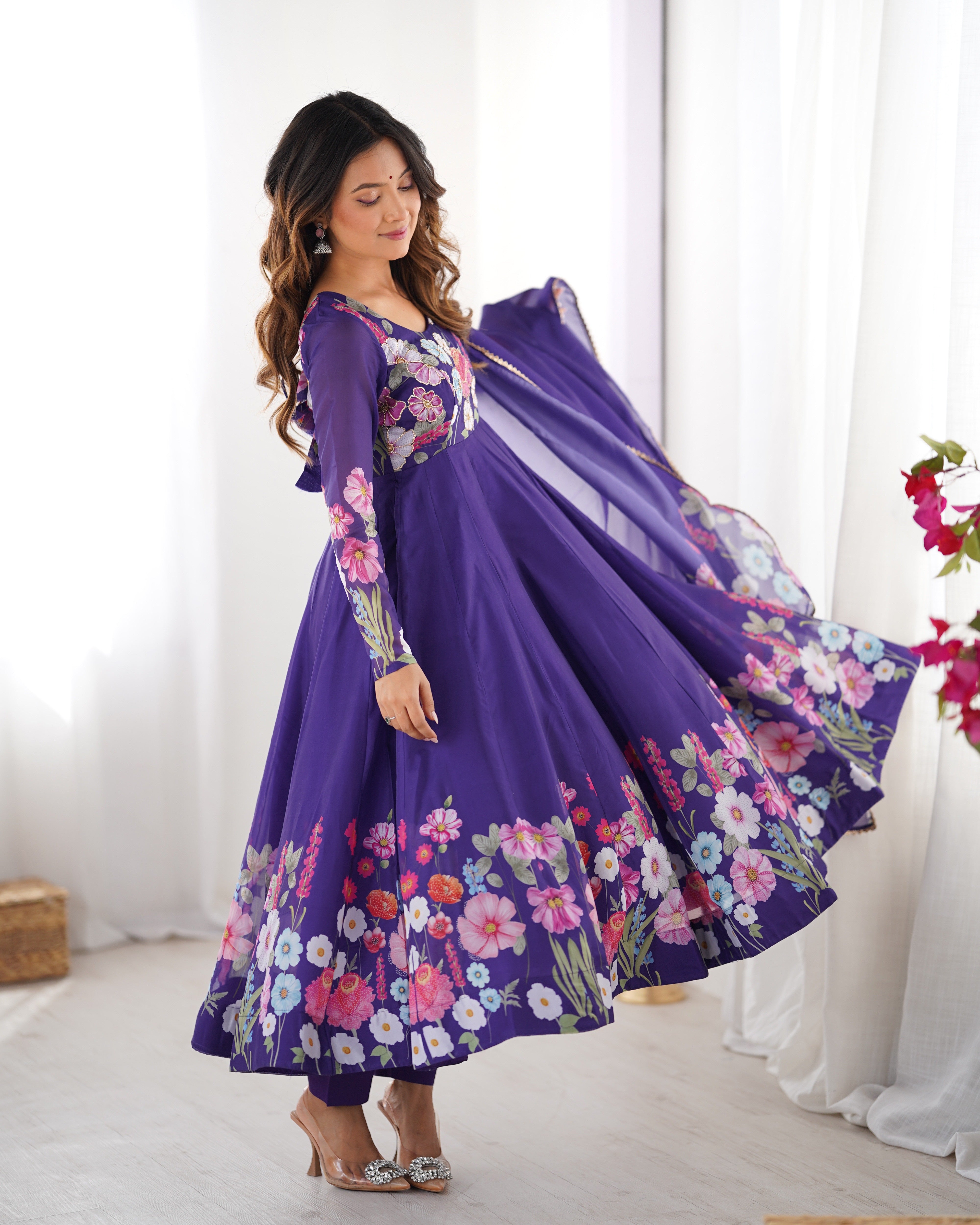 Purple Floral Print Organza Anarkali Suit with Gota Patti Border Dupatta – Festive Three-Piece Ensemble