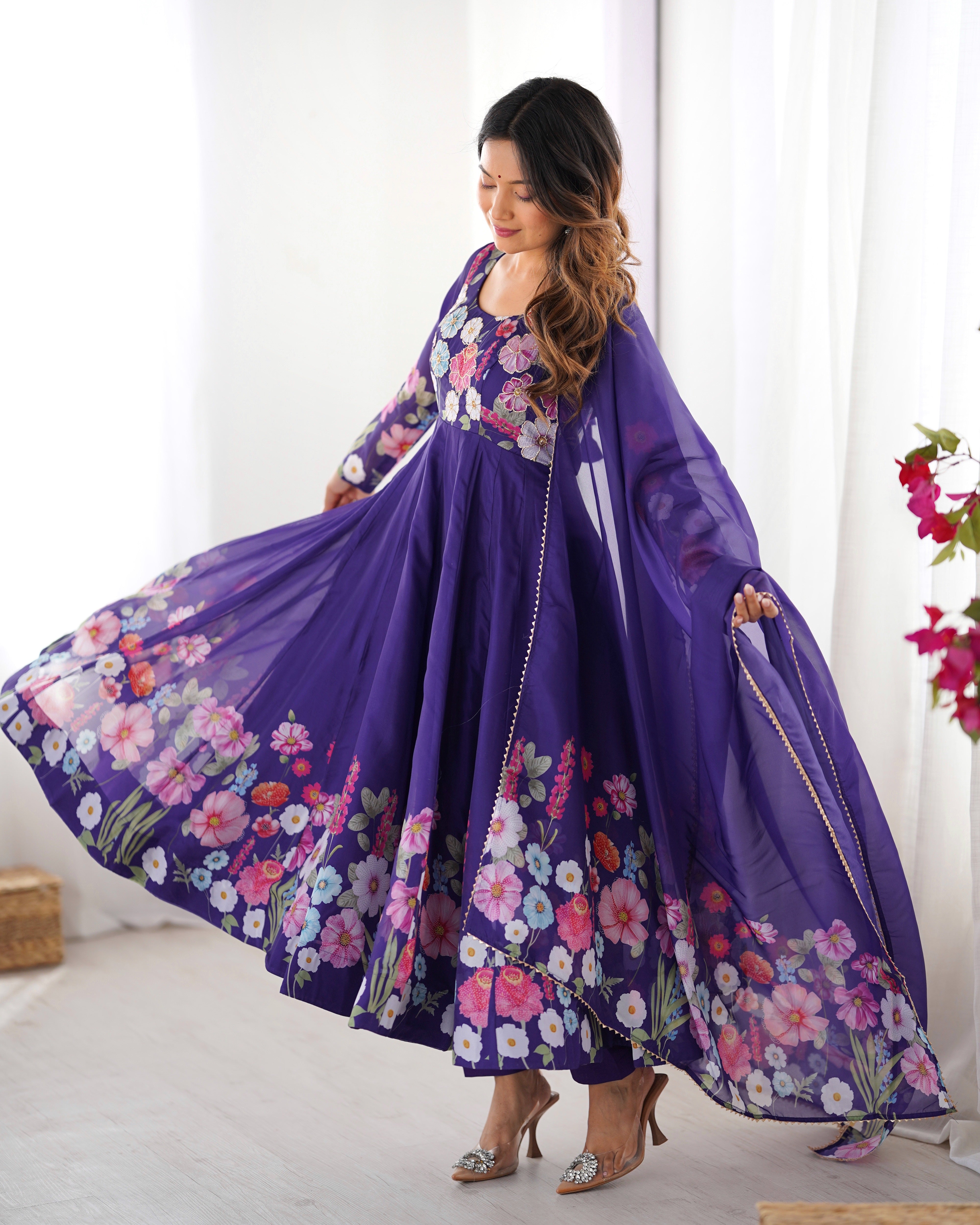 Purple Floral Print Organza Anarkali Suit with Gota Patti Border Dupatta – Festive Three-Piece Ensemble