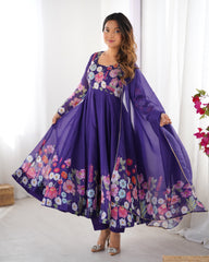 Purple Floral Print Organza Anarkali Suit with Gota Patti Border Dupatta – Festive Three-Piece Ensemble
