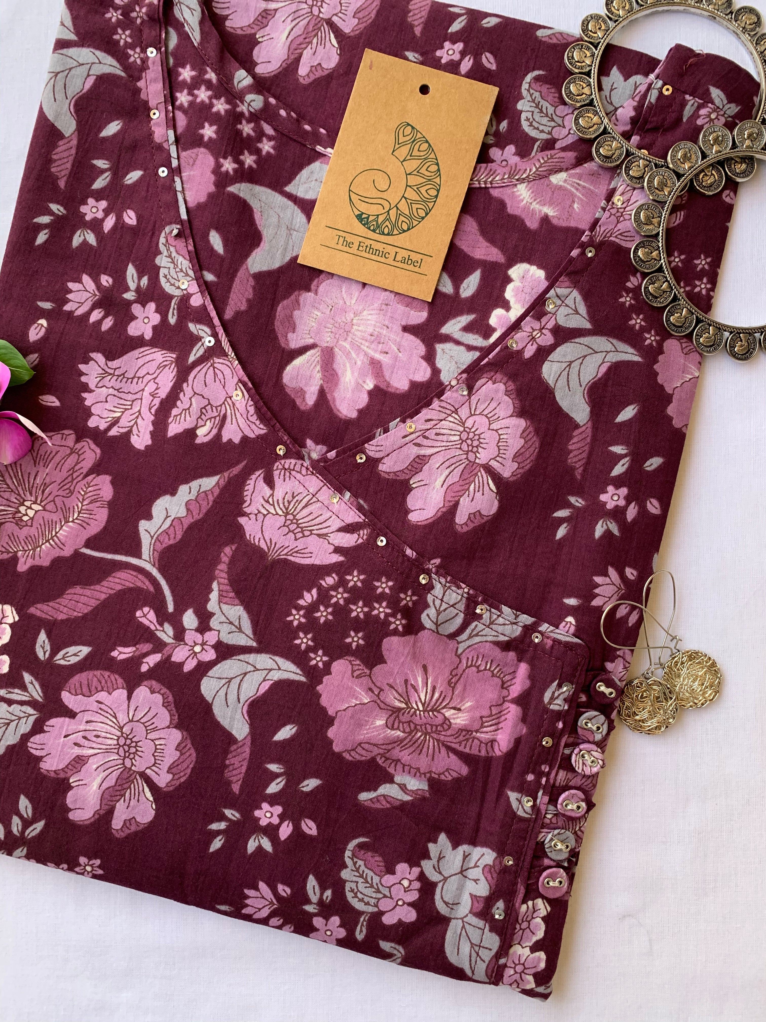 Deep Purple Jaal Sanganeri Angrakha Cotton Kurta