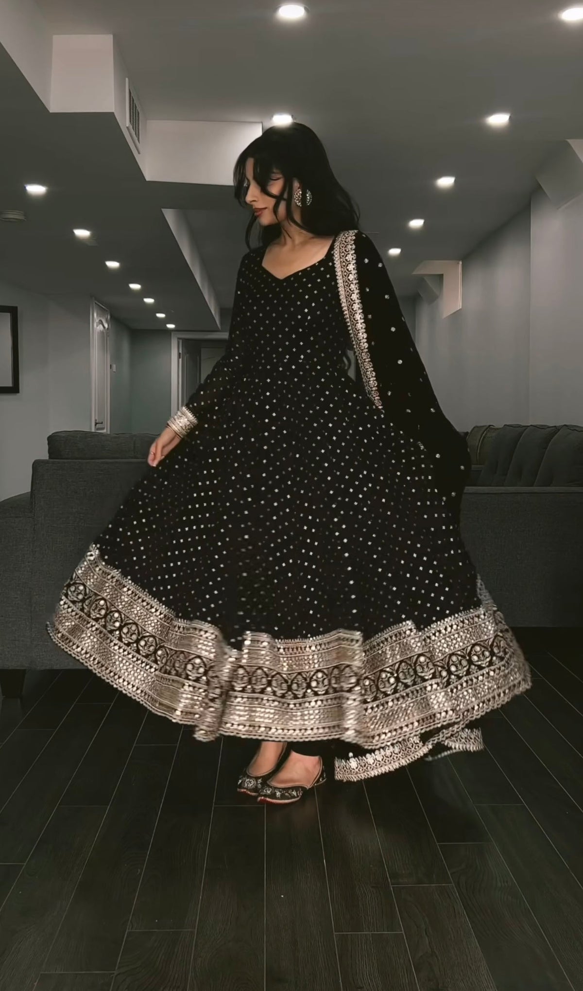 Faux Blooming Black Three-Piece Anarkali Suit with Embroidered Zari & Sequins Work