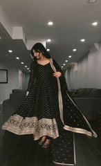 Faux Blooming Black Three-Piece Anarkali Suit with Embroidered Zari & Sequins Work