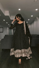 Faux Blooming Black Three-Piece Anarkali Suit with Embroidered Zari & Sequins Work