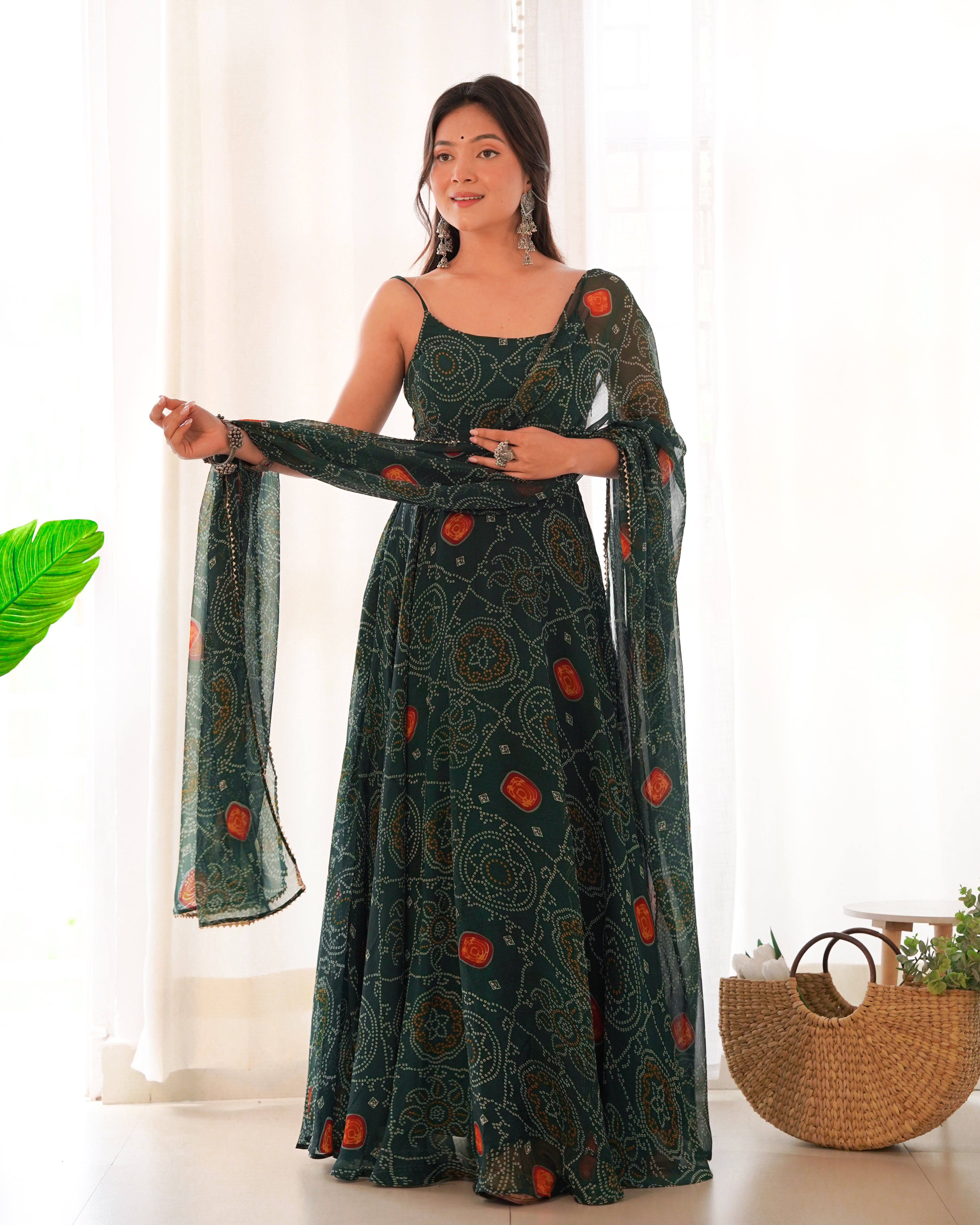 Floral Dark Green Bandhani Print Soft Chiffon Anarkali Gown