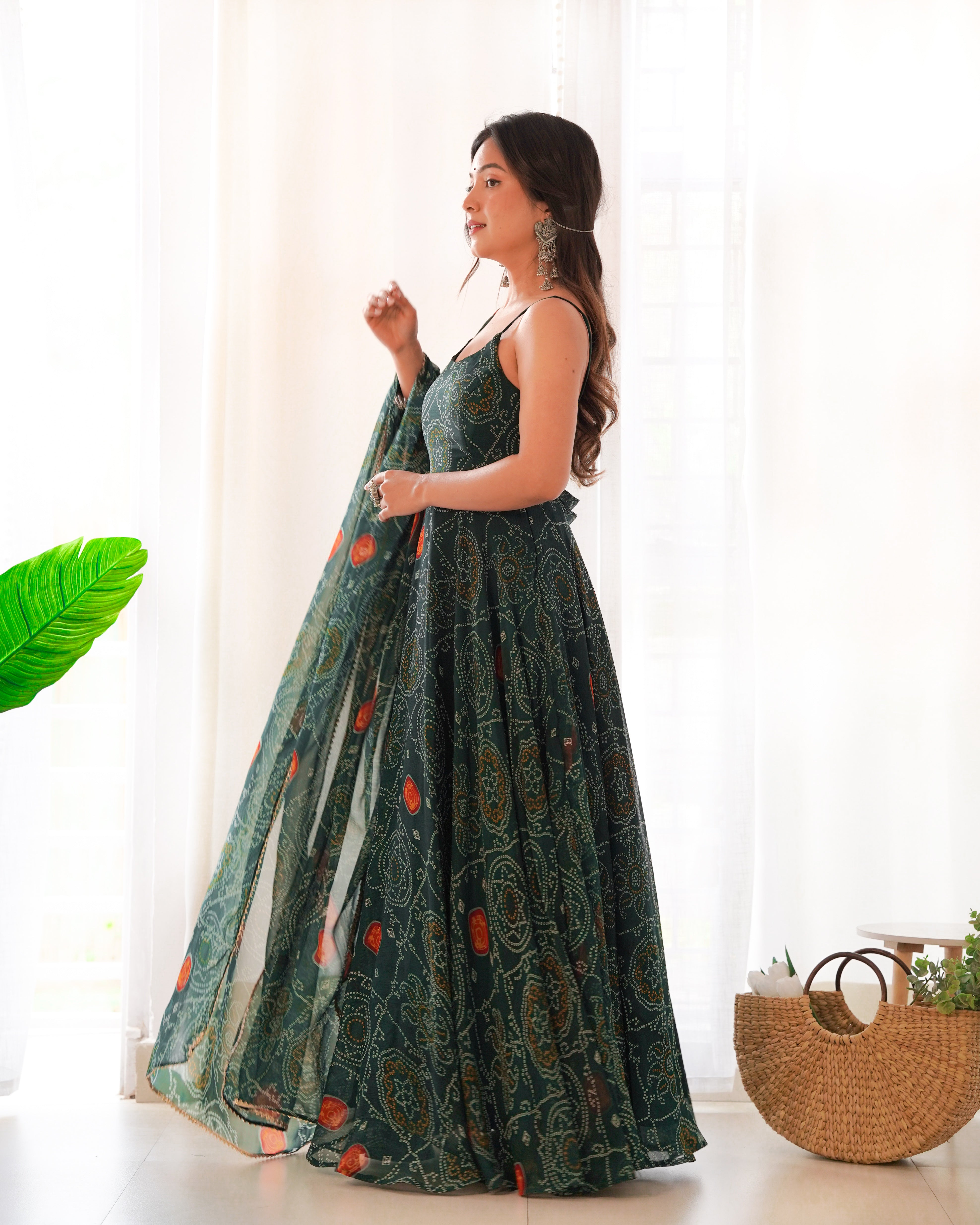 Floral Dark Green Bandhani Print Soft Chiffon Anarkali Gown