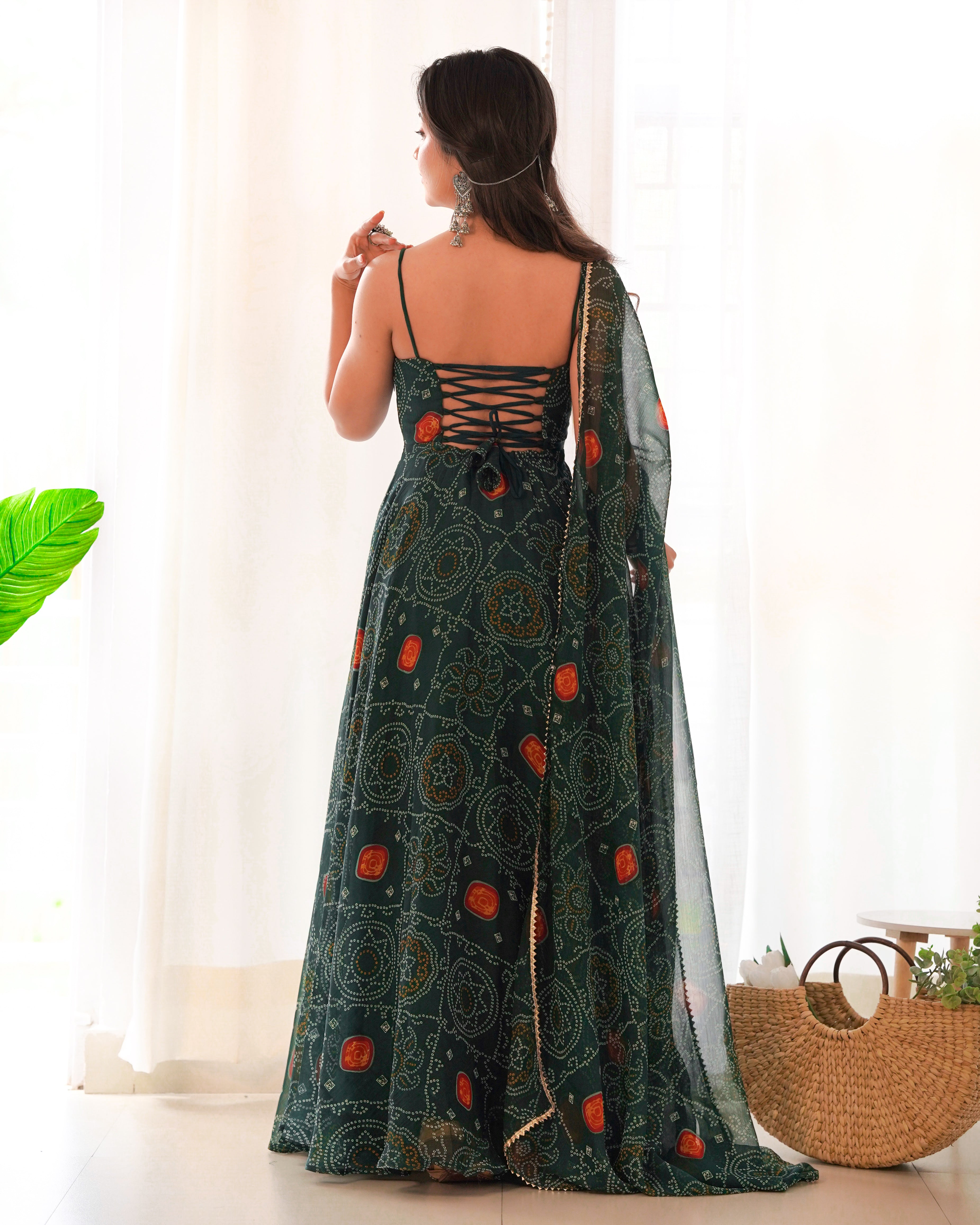 Floral Dark Green Bandhani Print Soft Chiffon Anarkali Gown