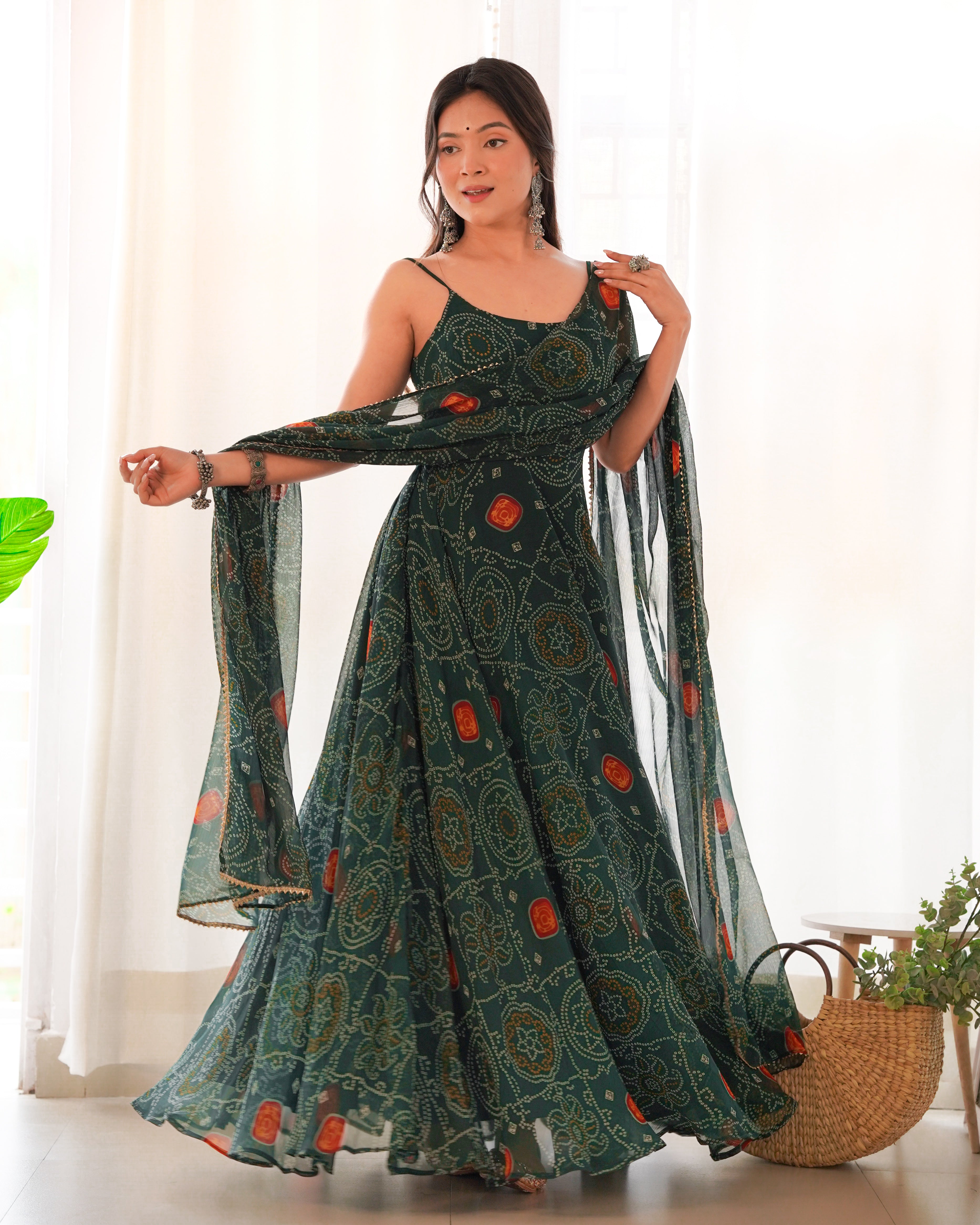 Floral Dark Green Bandhani Print Soft Chiffon Anarkali Gown