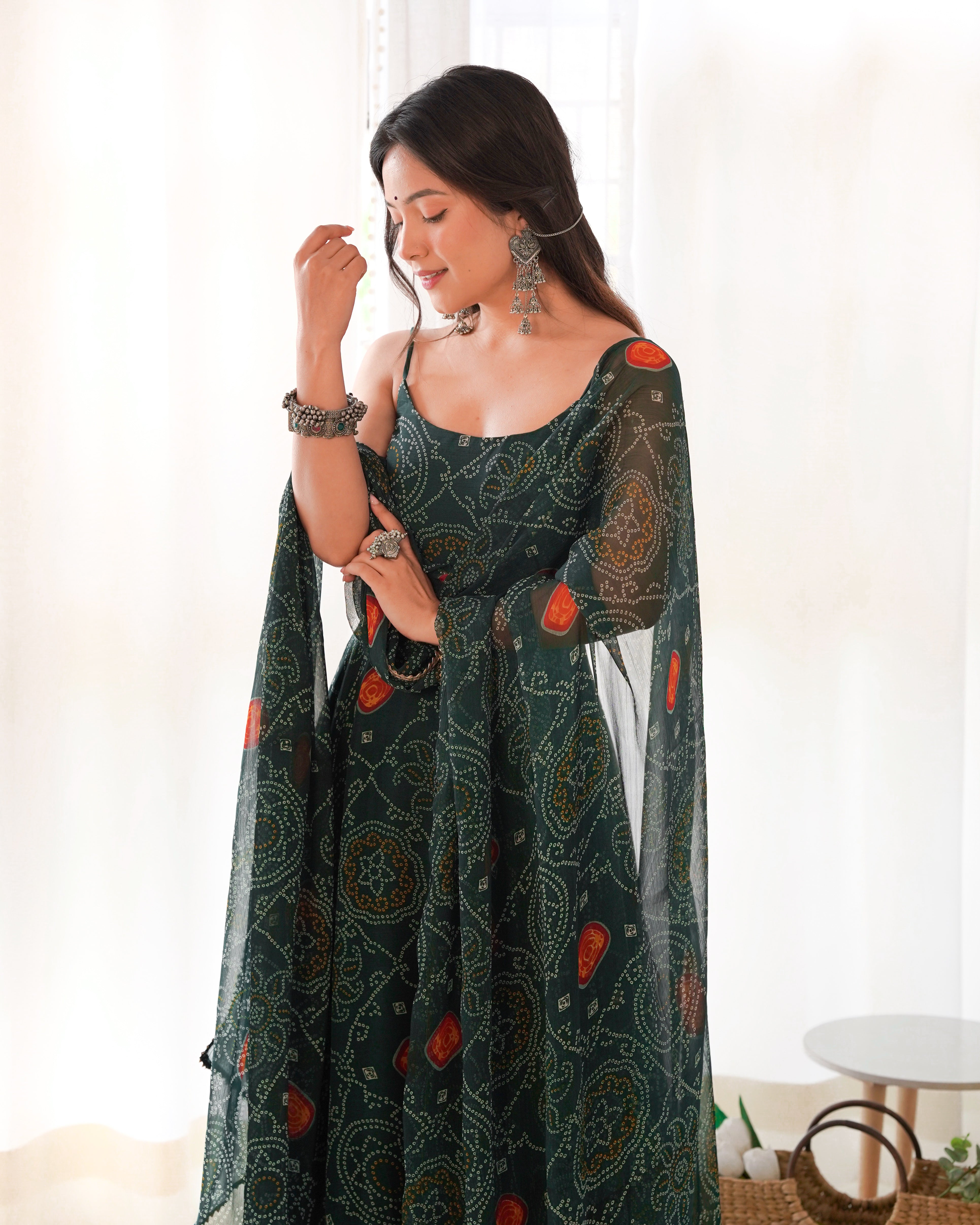 Floral Dark Green Bandhani Print Soft Chiffon Anarkali Gown