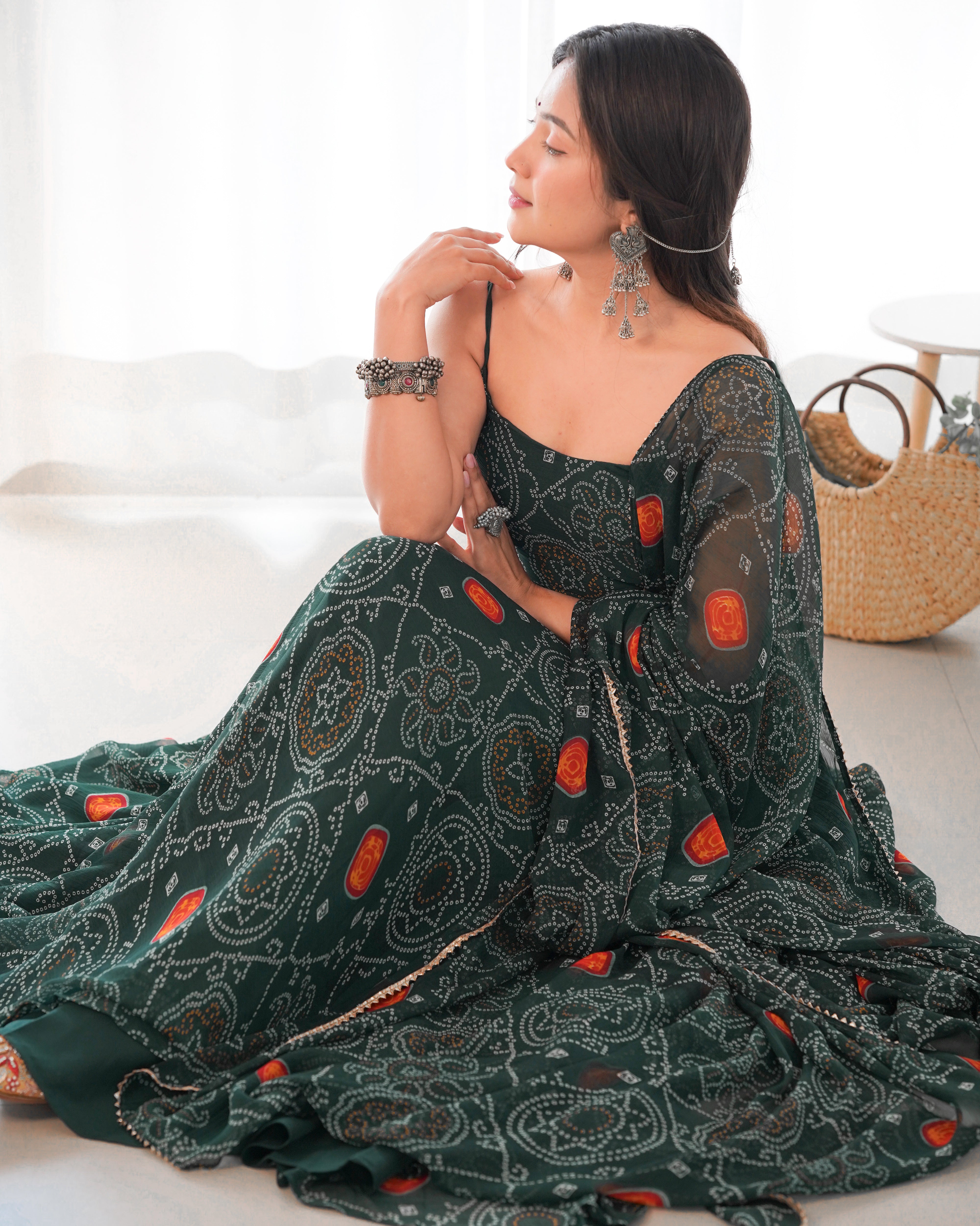 Floral Dark Green Bandhani Print Soft Chiffon Anarkali Gown