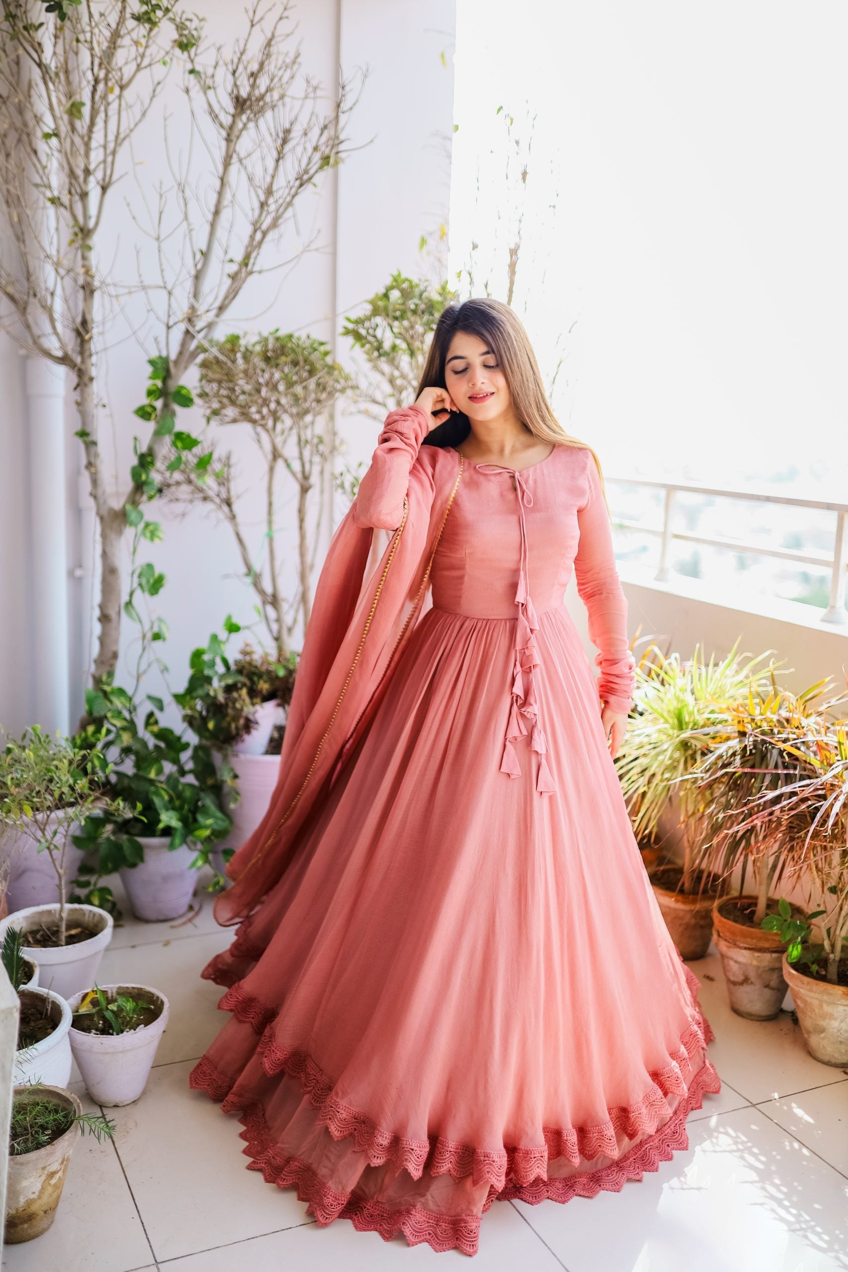 Faux Georgette Lace & Tassel Anarkali Suit Set with Plain Dupatta – Festival & Party Wear