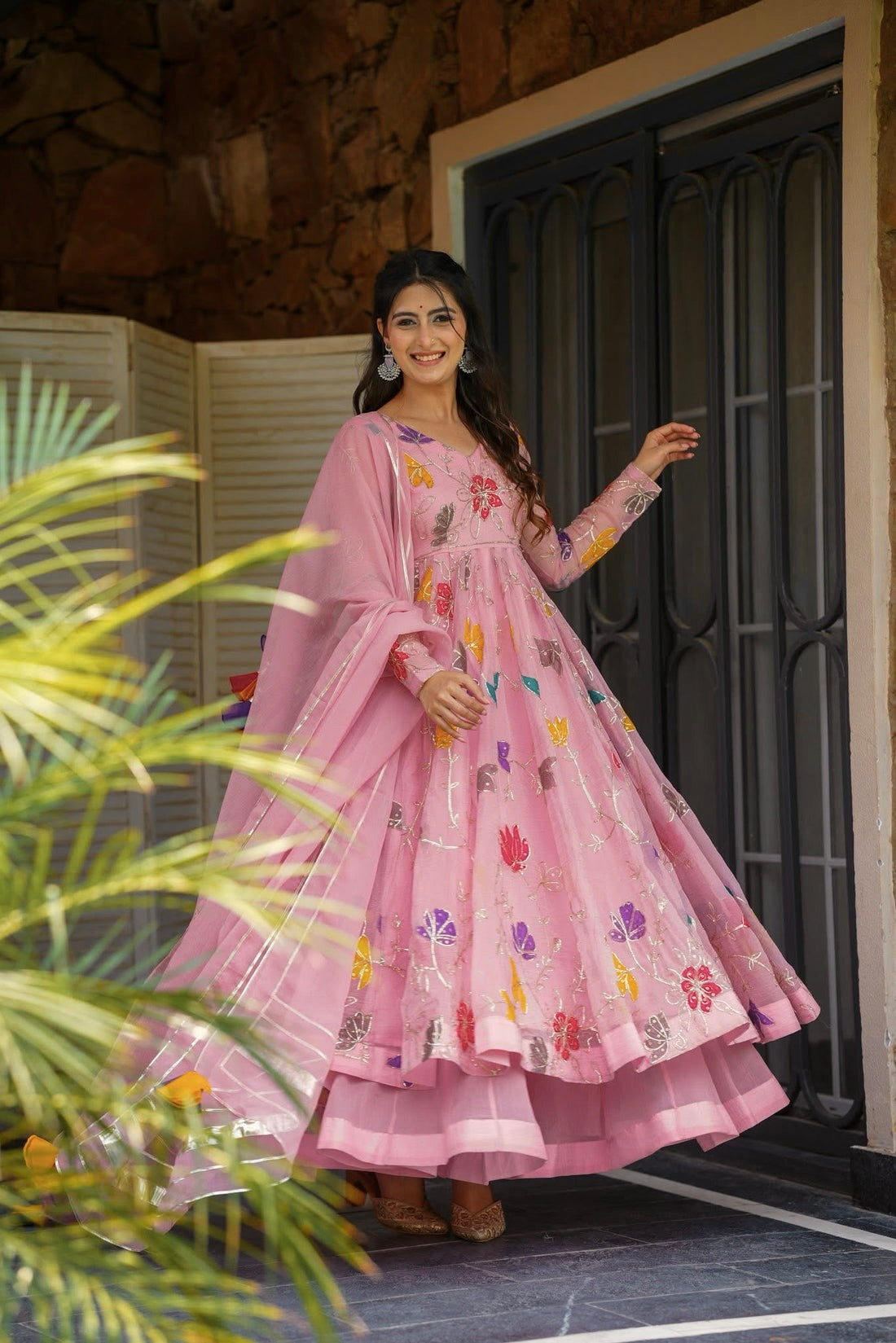 Heavy Star Georgette Embroidered Anarkali Gown with Dupatta & Sharara – Festive Three-Piece Set