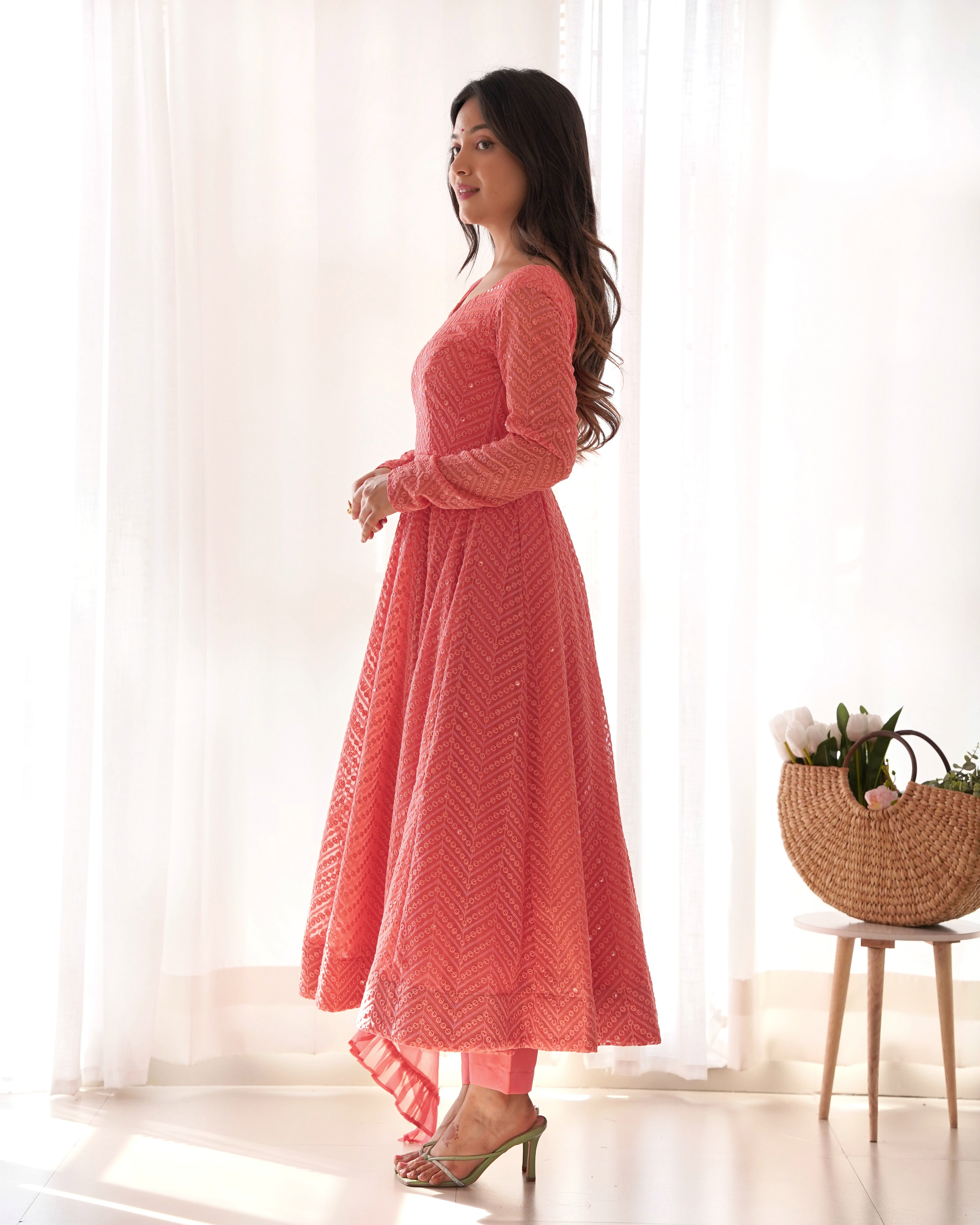 Dark Peach Georgette Lucknowi Embroidered Anarkali Suit