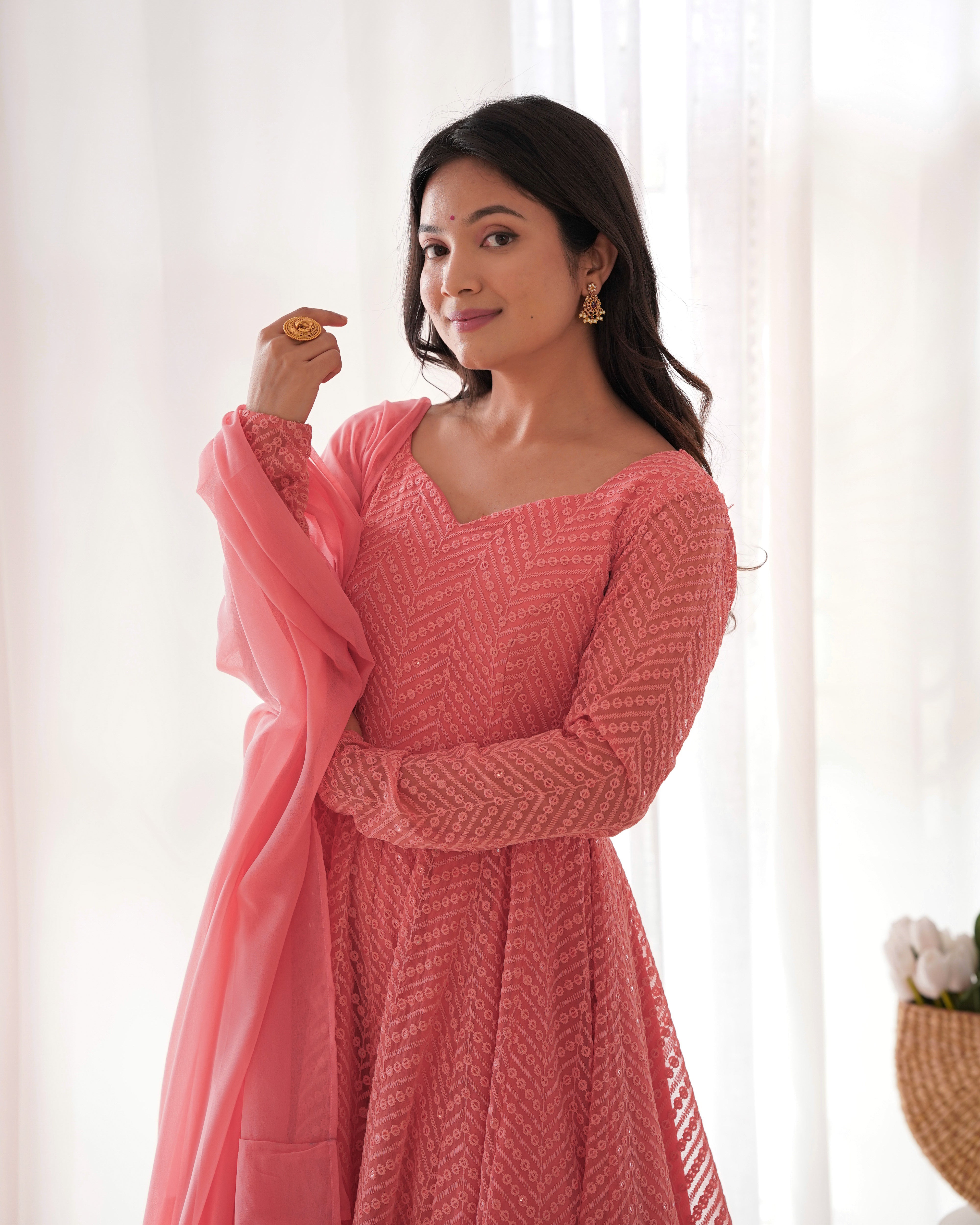 Dark Peach Georgette Lucknowi Embroidered Anarkali Suit