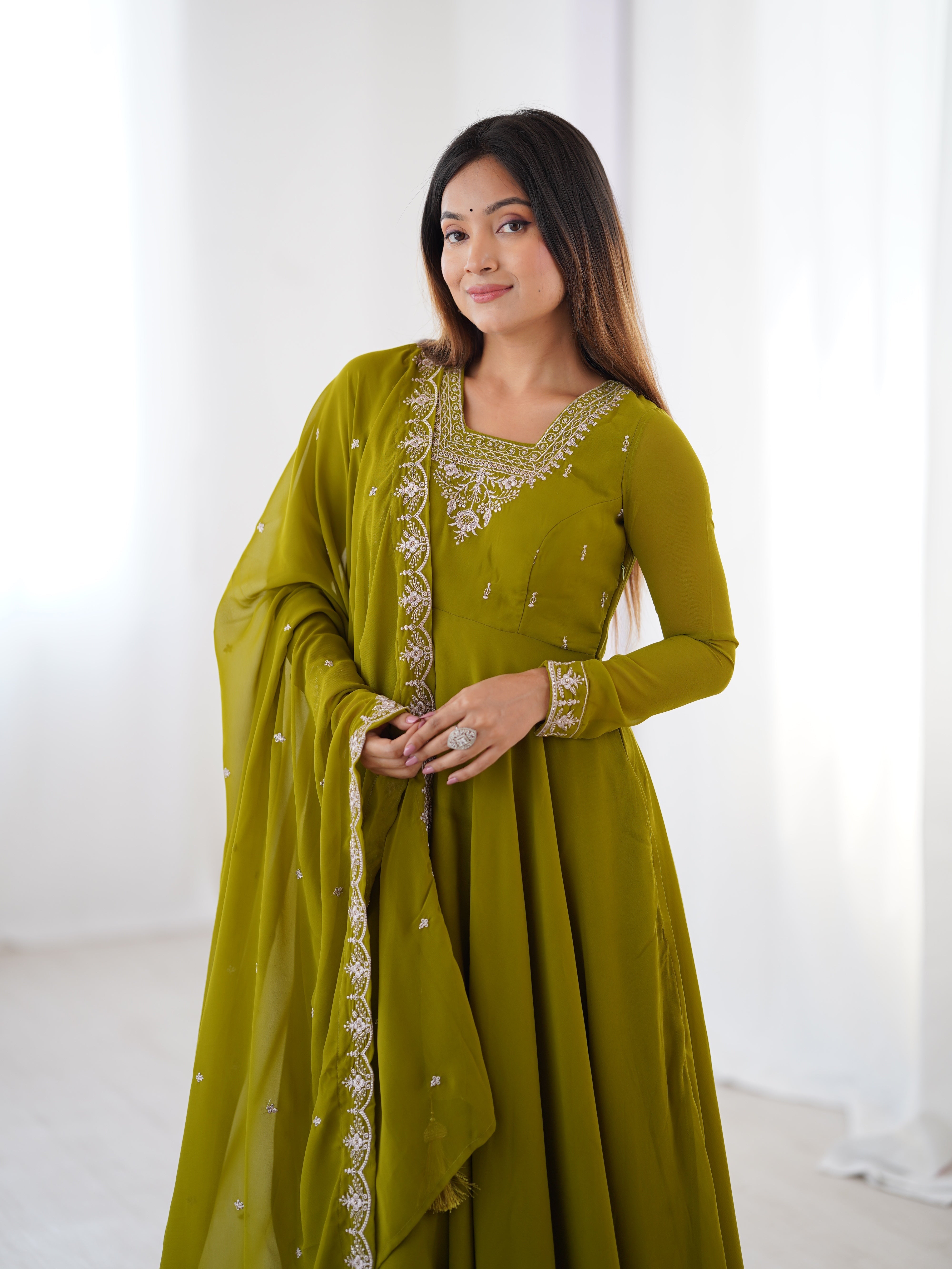 Mehndi Green Georgette Three-Piece Anarkali Suit – Embroidered Festive Wear