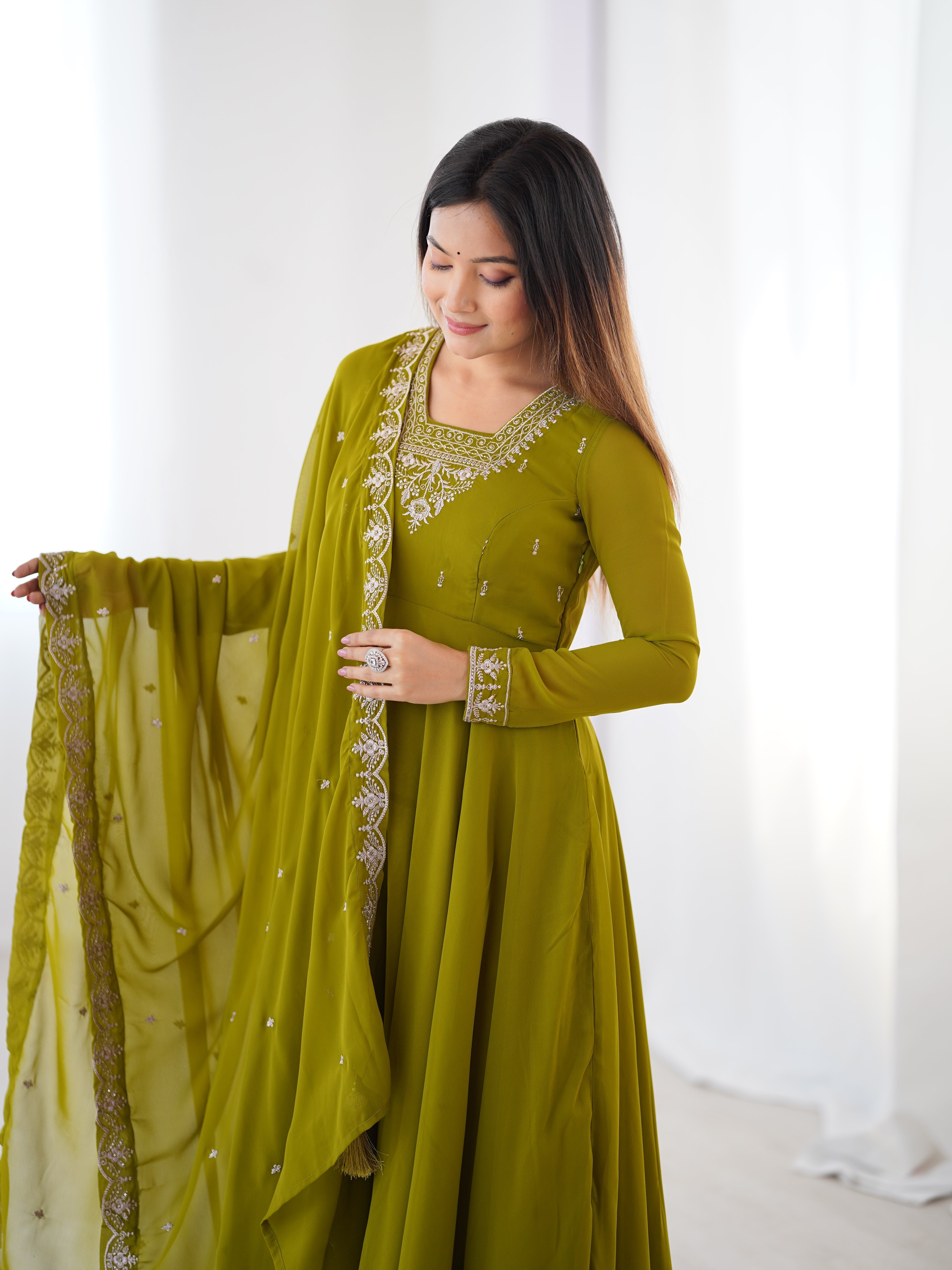 Mehndi Green Georgette Three-Piece Anarkali Suit – Embroidered Festive Wear