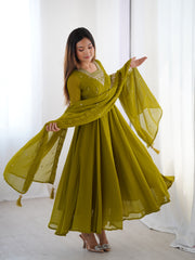 Mehndi Green Georgette Three-Piece Anarkali Suit – Embroidered Festive Wear