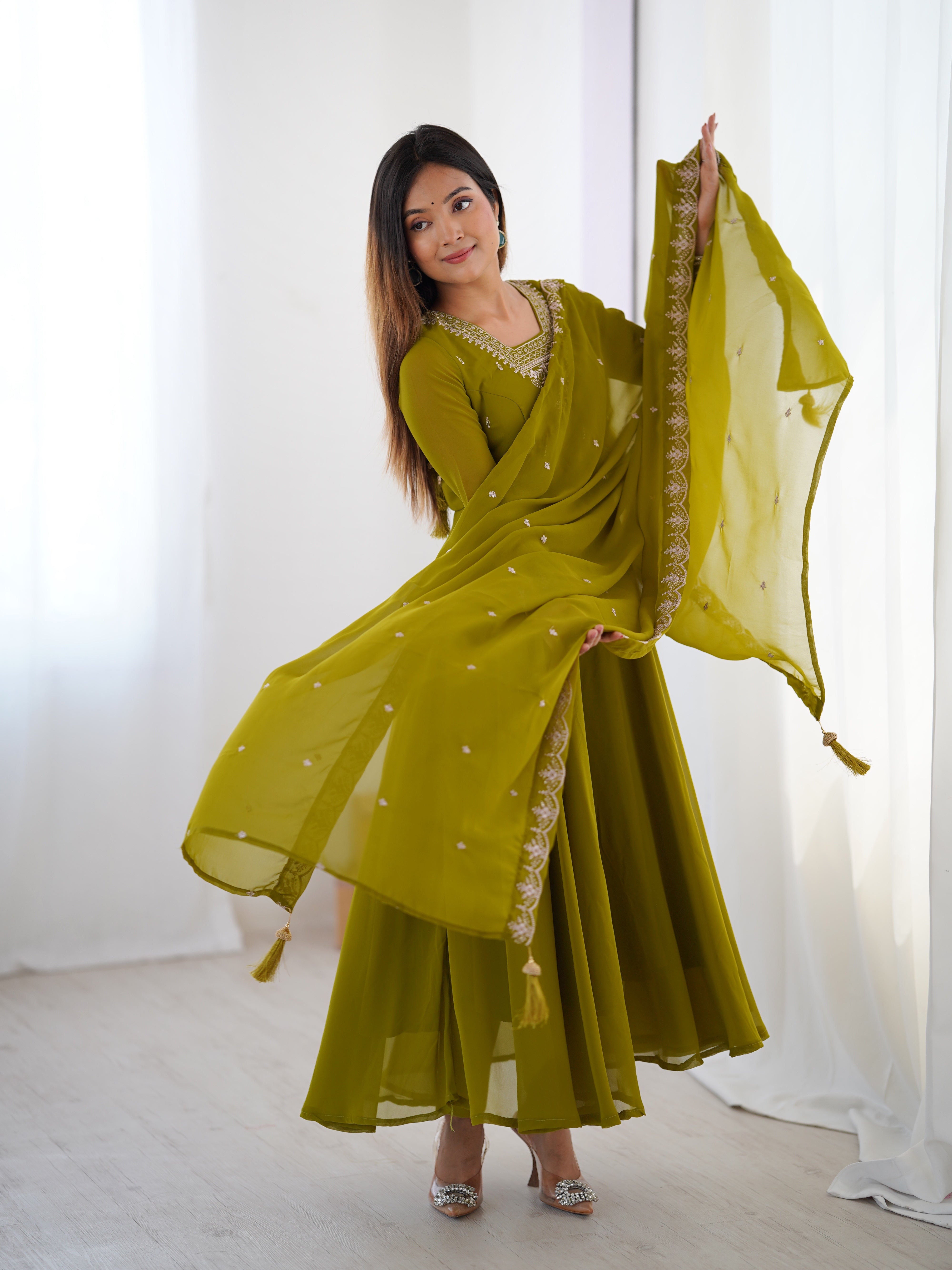 Mehndi Green Georgette Three-Piece Anarkali Suit – Embroidered Festive Wear