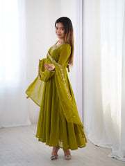 Mehndi Green Georgette Three-Piece Anarkali Suit – Embroidered Festive Wear