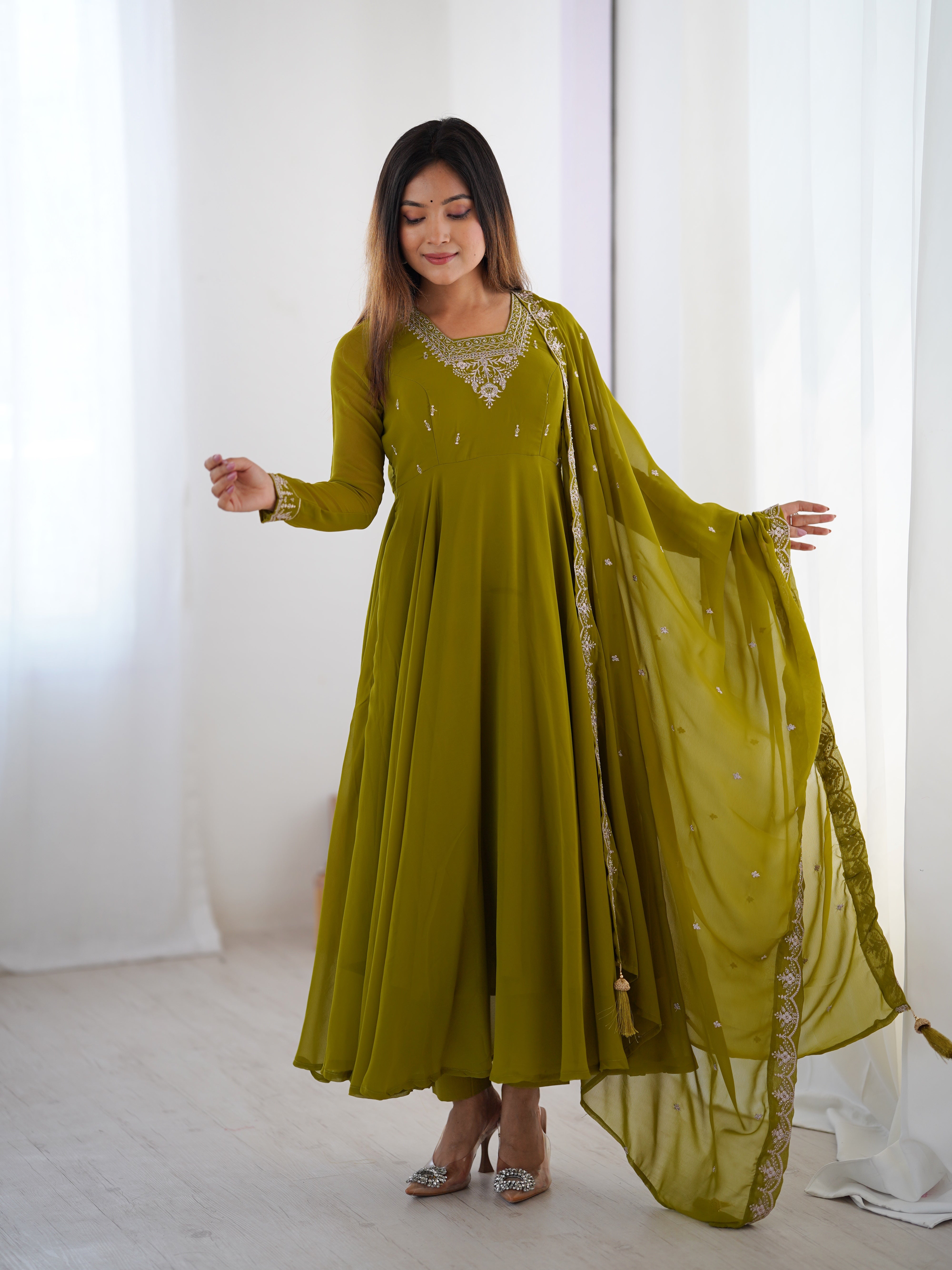Mehndi Green Georgette Three-Piece Anarkali Suit – Embroidered Festive Wear