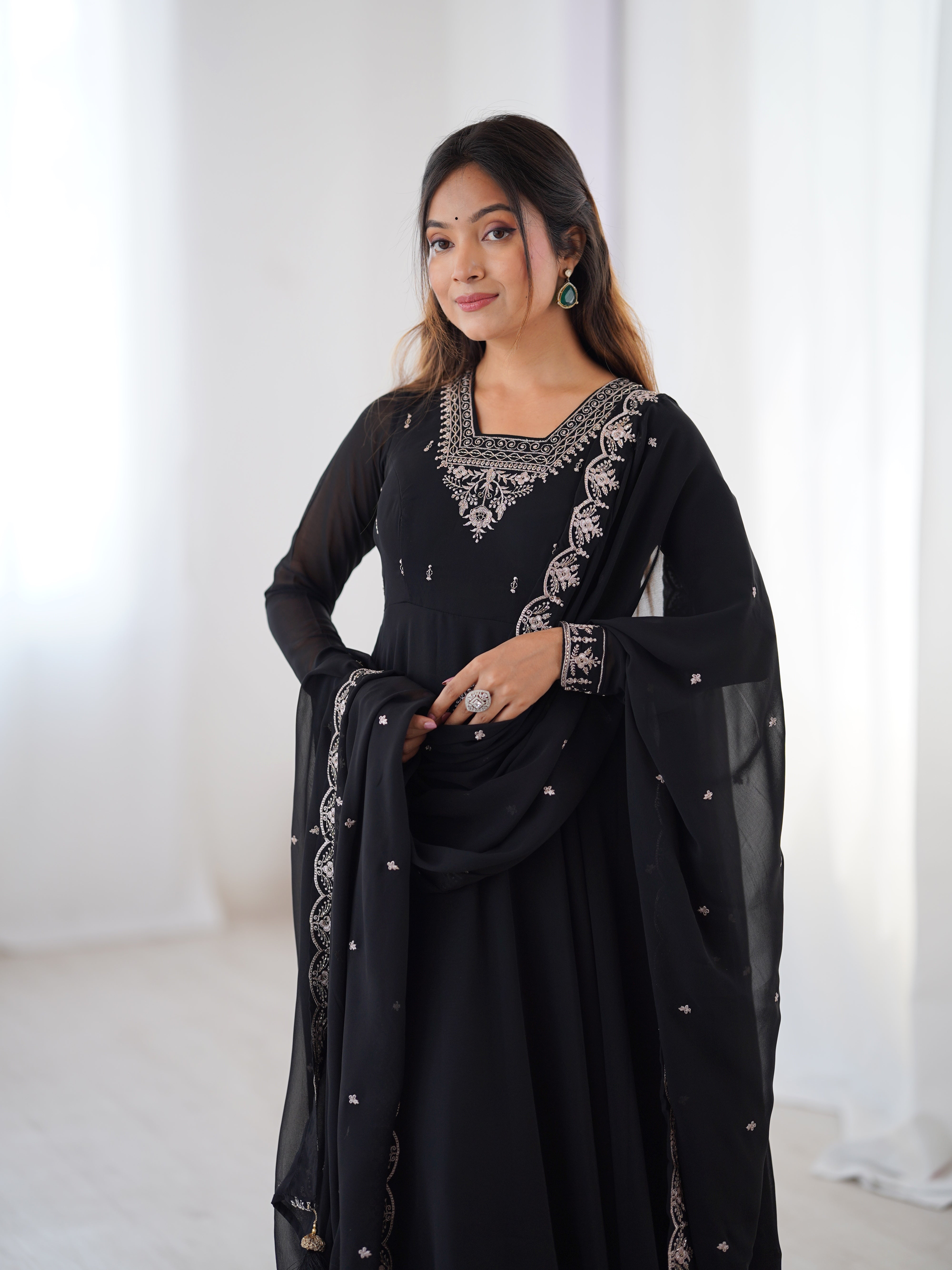 Black Faux Georgette Three-Piece Anarkali Suit with Embroidery & Tassel Dupatta