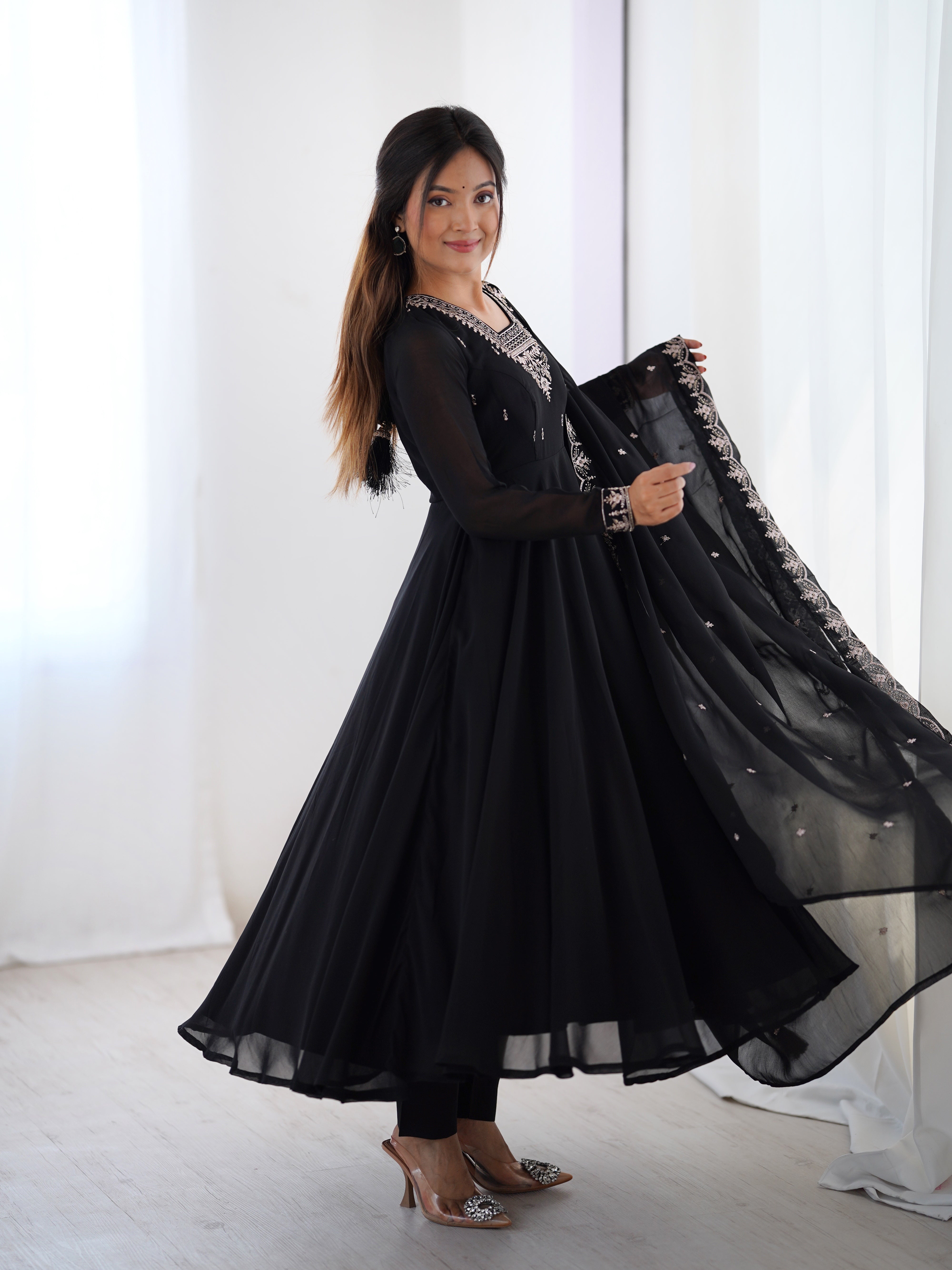 Black Faux Georgette Three-Piece Anarkali Suit with Embroidery & Tassel Dupatta
