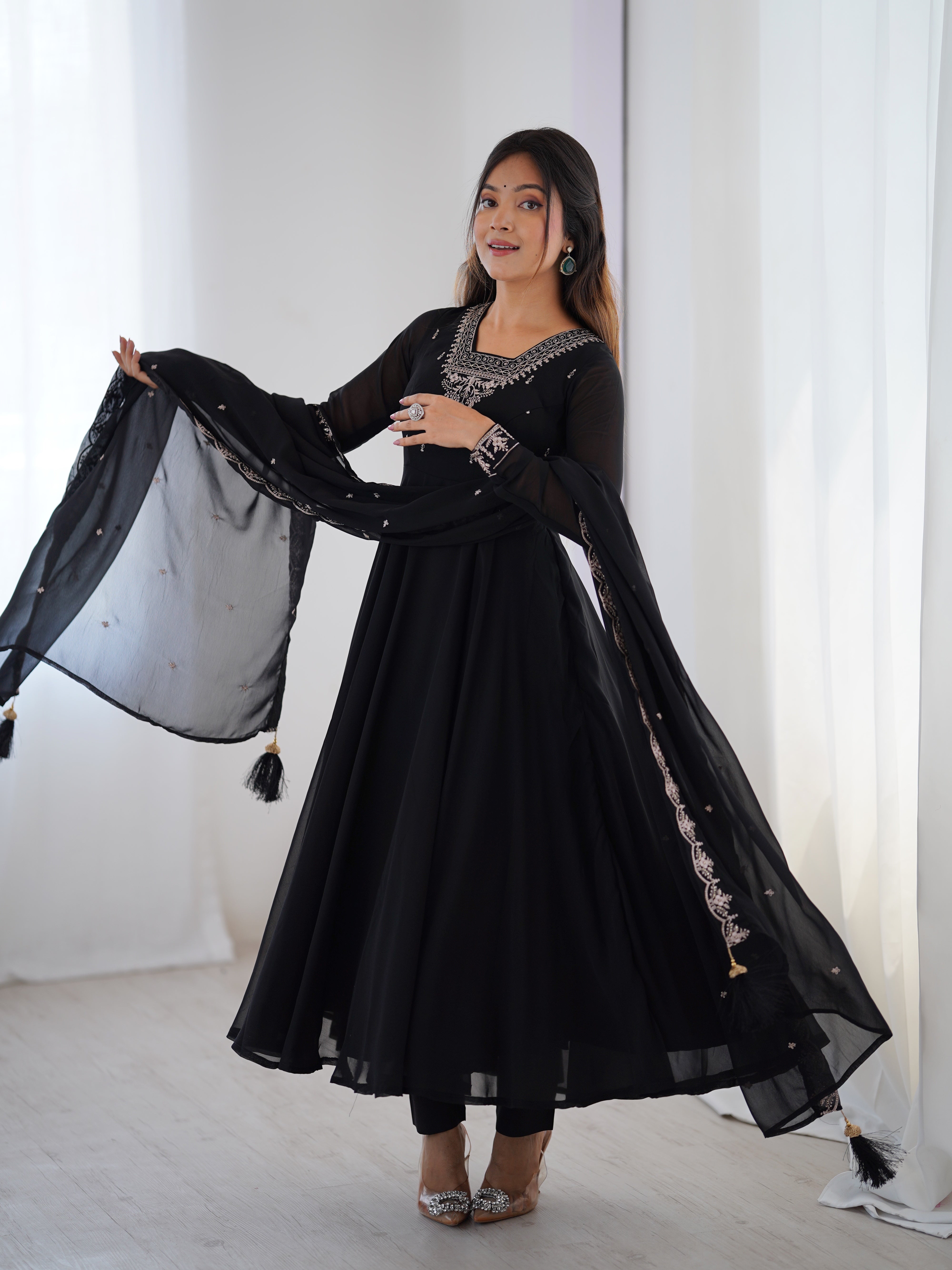 Black Faux Georgette Three-Piece Anarkali Suit with Embroidery & Tassel Dupatta
