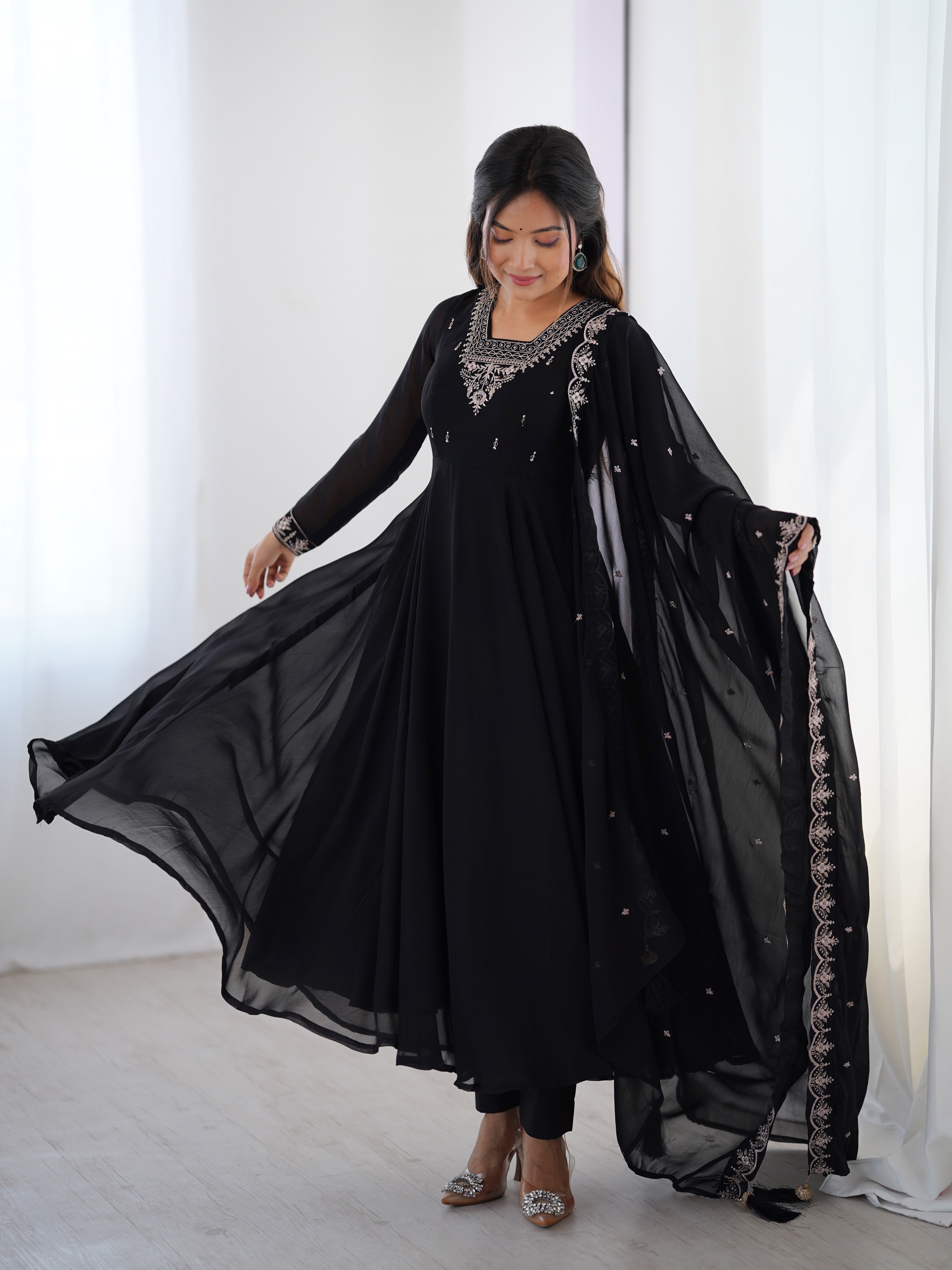 Black Faux Georgette Three-Piece Anarkali Suit with Embroidery & Tassel Dupatta