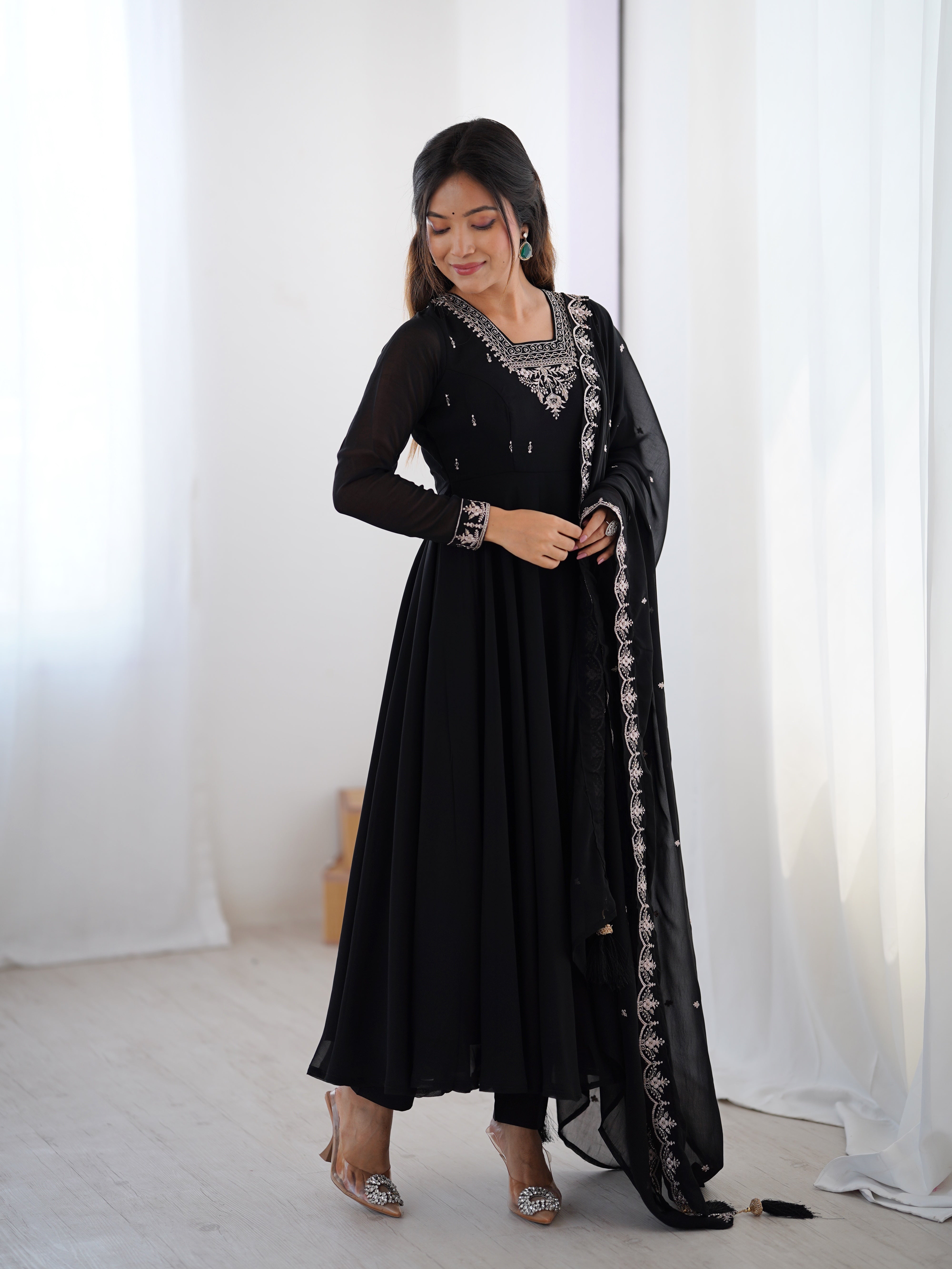Black Faux Georgette Three-Piece Anarkali Suit with Embroidery & Tassel Dupatta